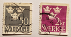 Stamp Europe Sweden 1952 Three Crowns 50o sc439 and 2k sc441
