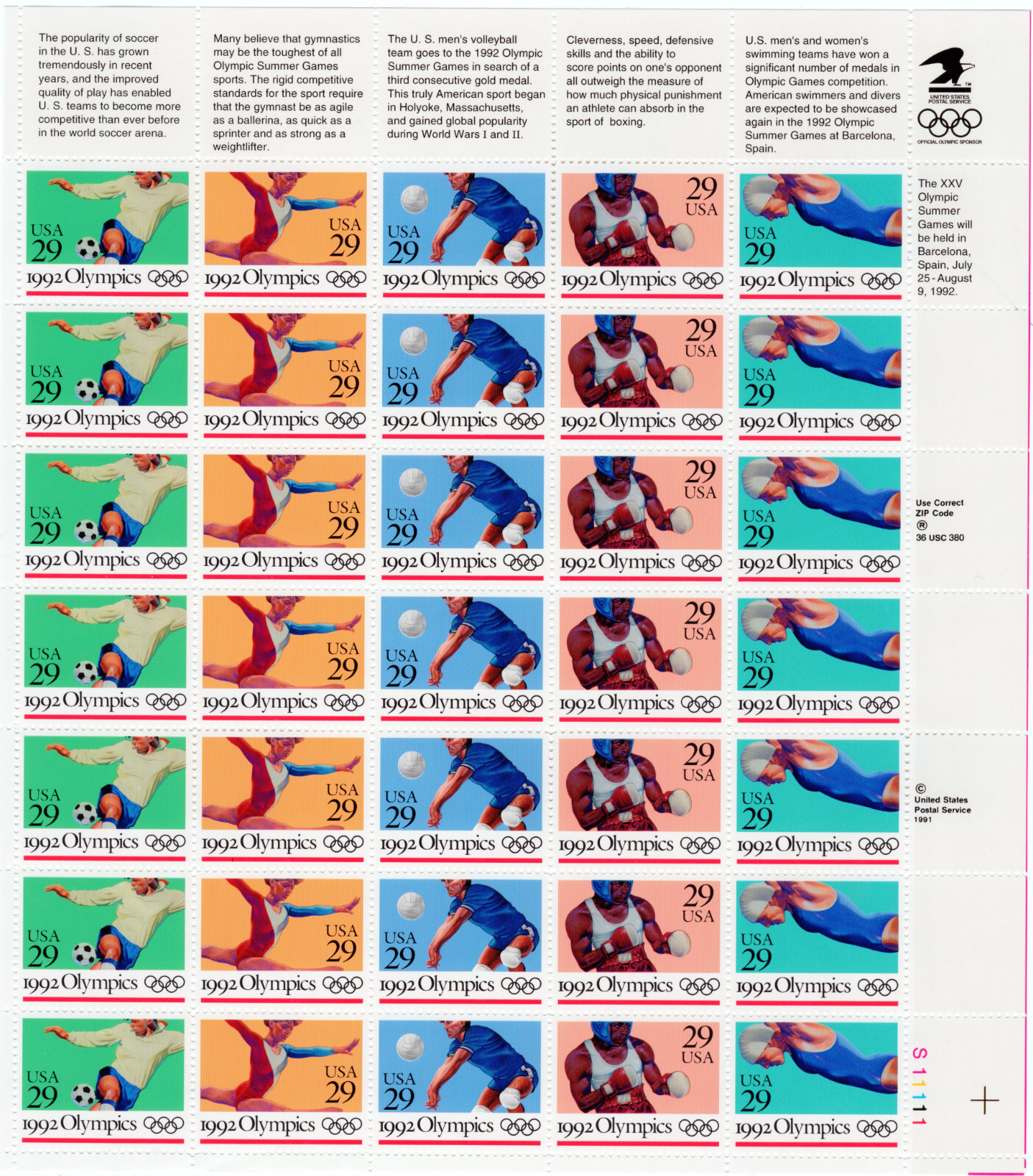 Scott #2641a (2637-41) 29¢ Summer Olympics Full Sheet of 35 Stamps - MNH