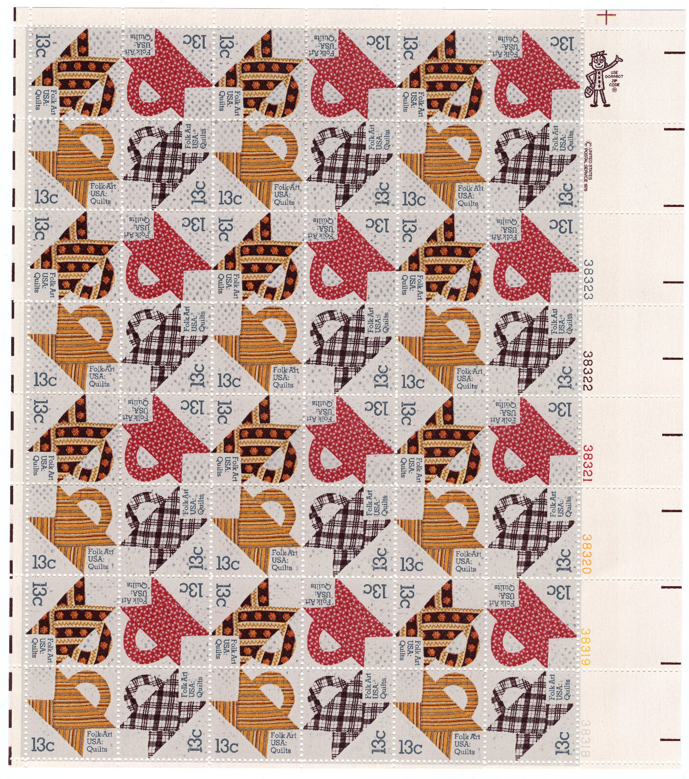 Scott #1748a (1745-48) Quilts Folk Art Sheet Of 48 Stamps - MNH LR