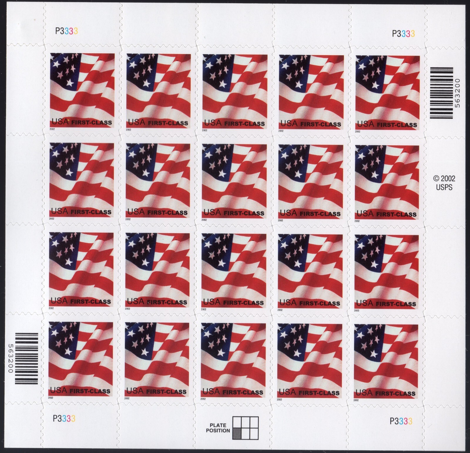 Scott #3621 Waving Flag Sheet of 20 Stamps - MNH P#P3333