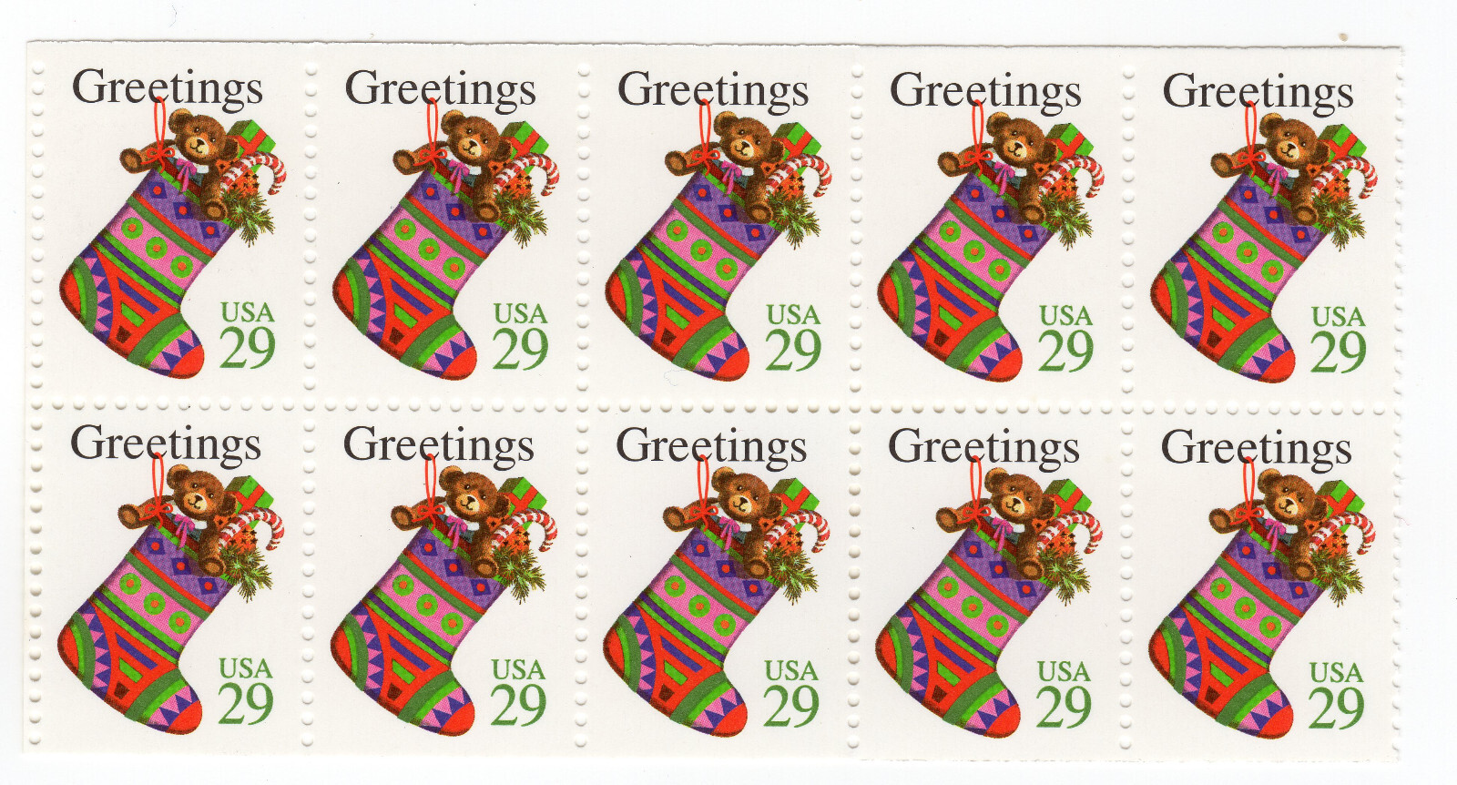 Scott #2872 Christmas Stocking Block of 10 Stamps - MNH