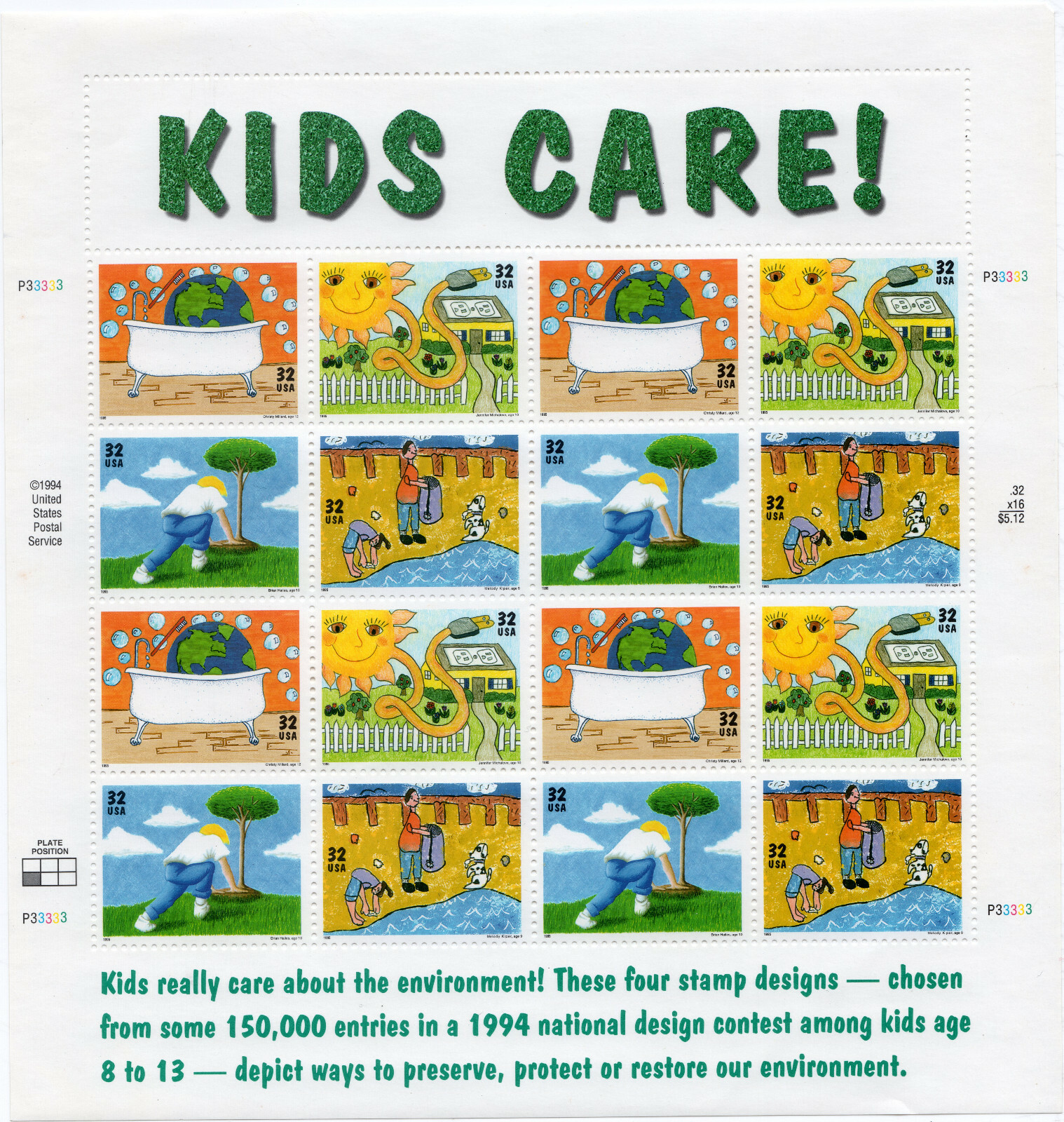 Scott #2954a Earth Day (Kids Care) Complete Sheet of 16 Stamps - MNH