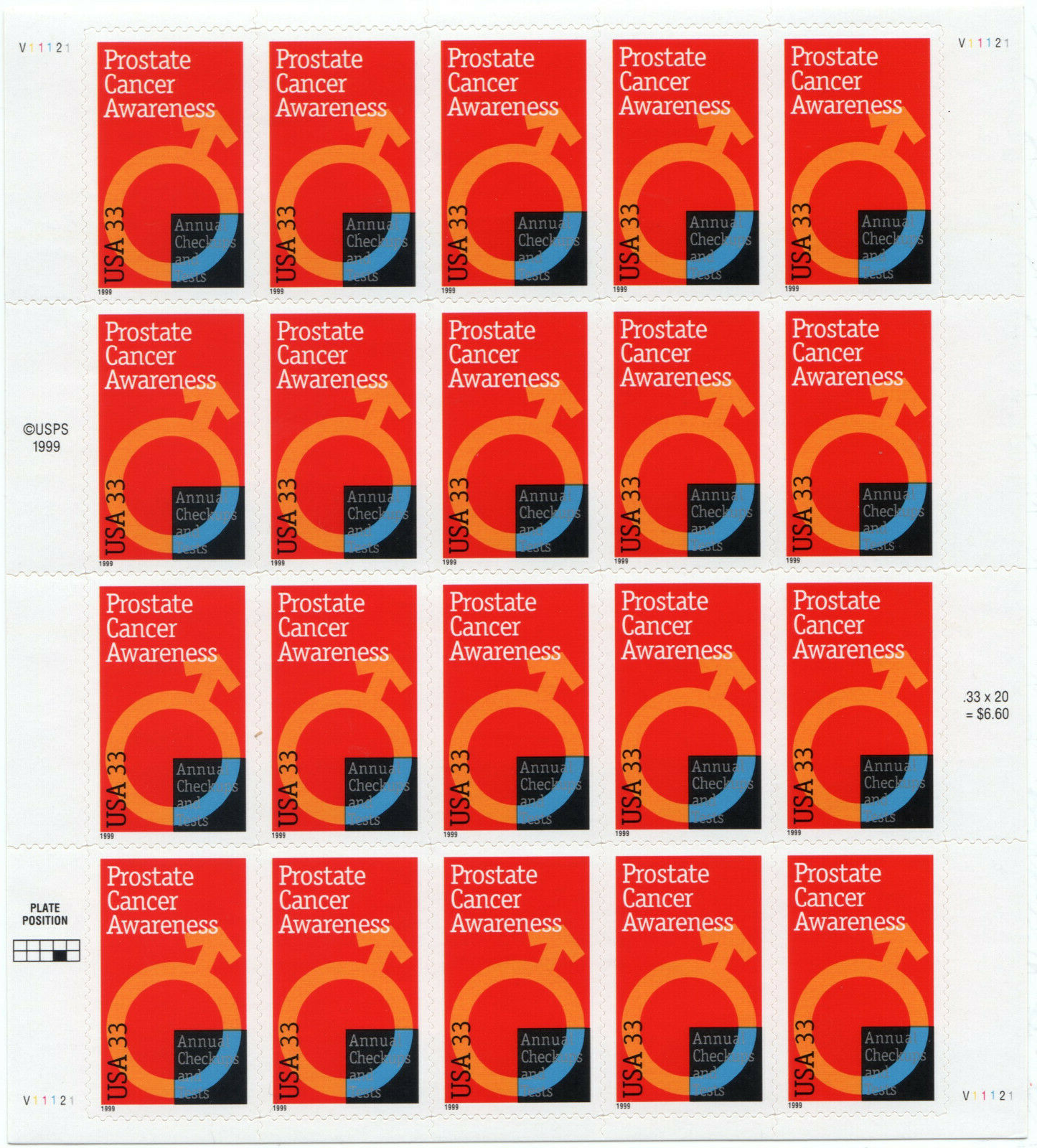 Scott #3315 Prostate Cancer Awareness Sheet of 20 Stamps - MNH
