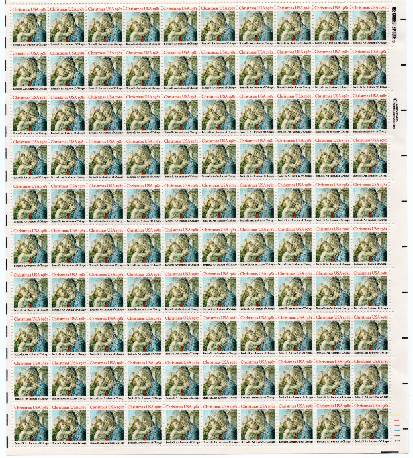 Scott #1939 Madonna (Botticelli) Sheet of 100 Stamps - MNH