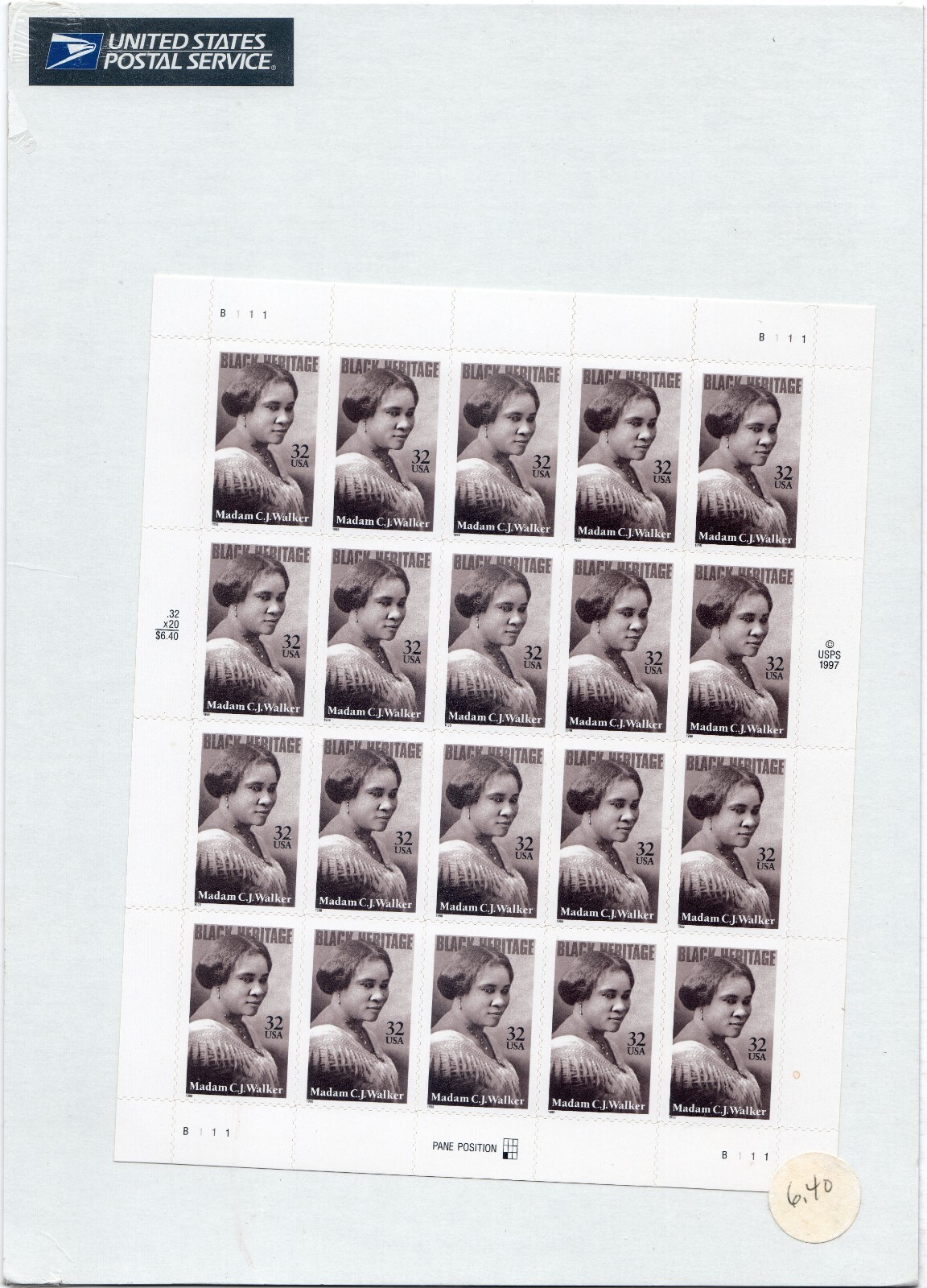 Scott #3181 Madam C. J. Walker (Black Heritage) Sheet of 20 Stamps - Sealed Whit