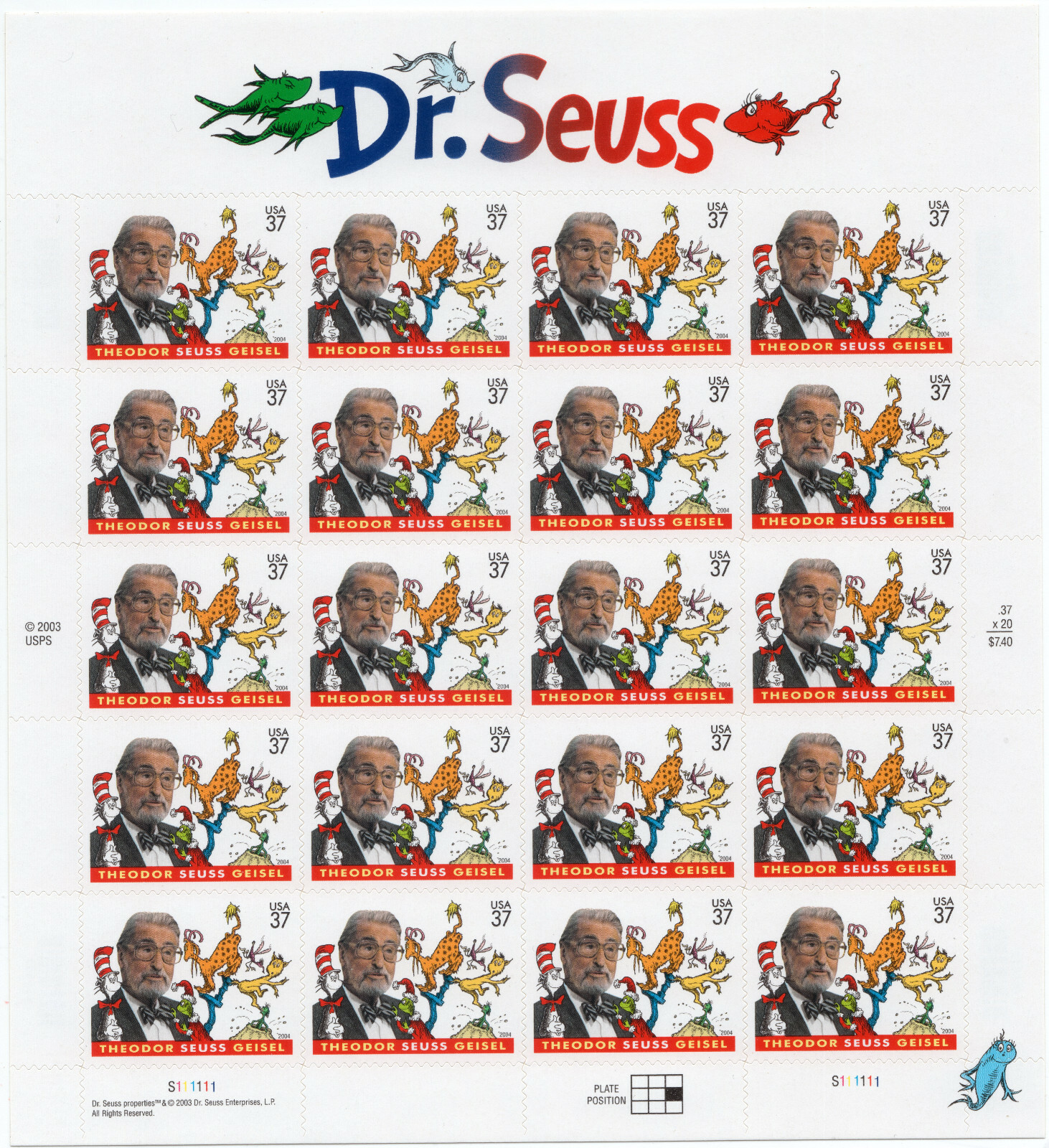 Scott #3835 Dr. Seuss (Cat In The Hat) Sheet of 20 Stamps - MNH