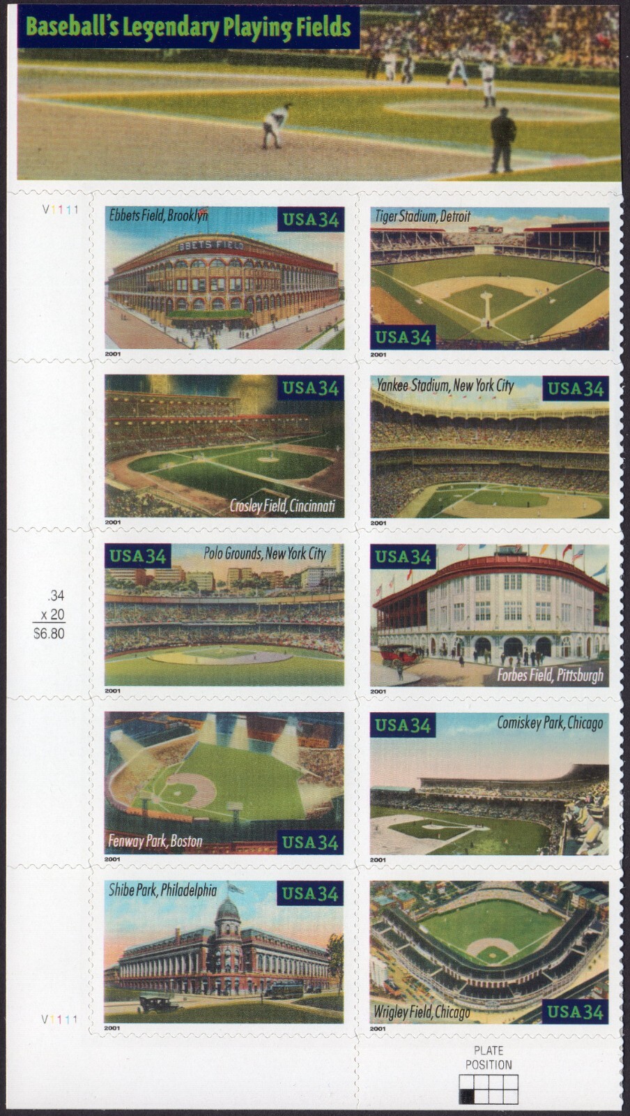 Scott #3510-3519 Legendary Baseball Fields Half Sheet of 10 Stamps - MNH Left