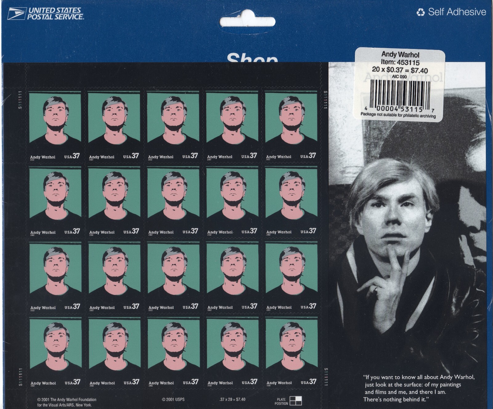 Scott #3652 Andy Warhol Full Sheet of 20 Stamps - Sealed Blue