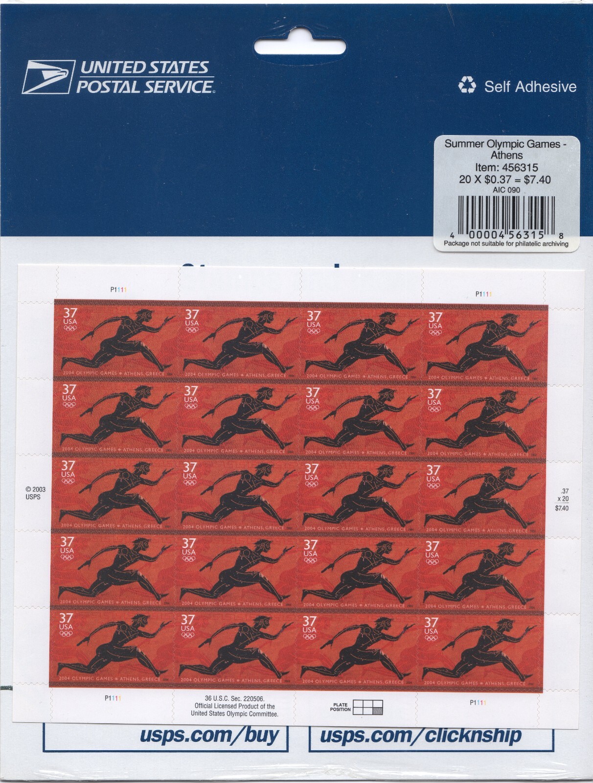 Scott #3863 Greek Olympics Sheet of 20 Stamps - Sealed