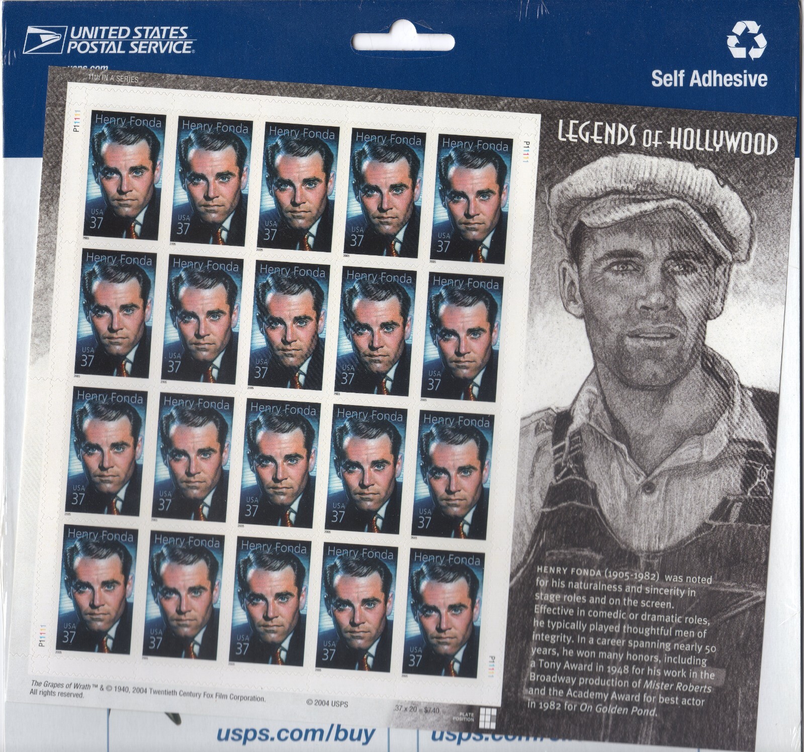 Scott #3911 Henry Fonda (Legends of Hollywood) Sheet of 20 Stamps - Sealed Blue