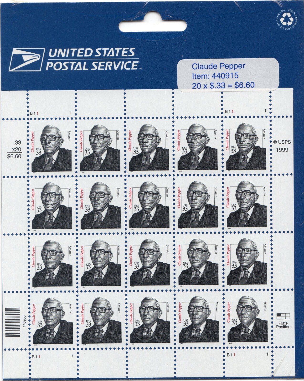 Scott #3426 Claude Pepper (Senator) Sheet of 20 Stamps - Sealed