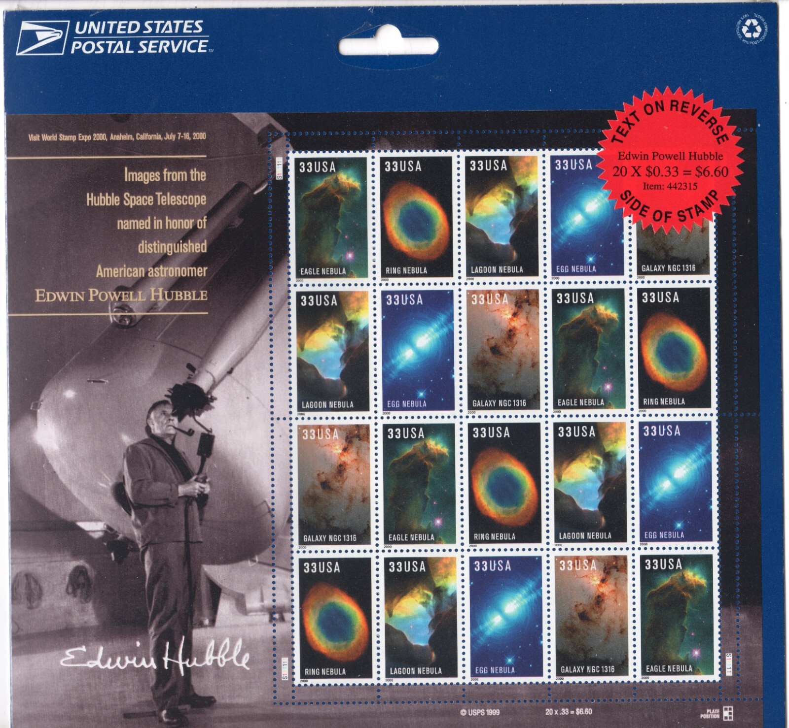 Scott #3388a (3384-88) Hubble Telescope Sheet of 20 Stamps - Sealed Blue