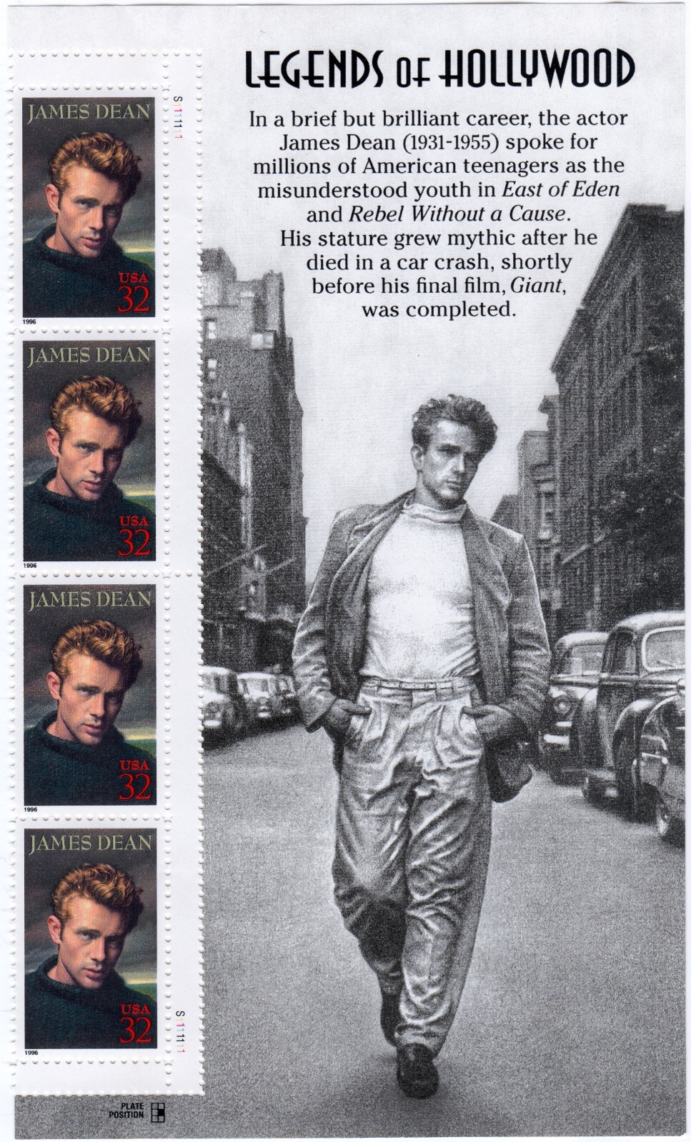 Scott #3082 James Dean Title Plate Block of 4 Stamps - MNH Right