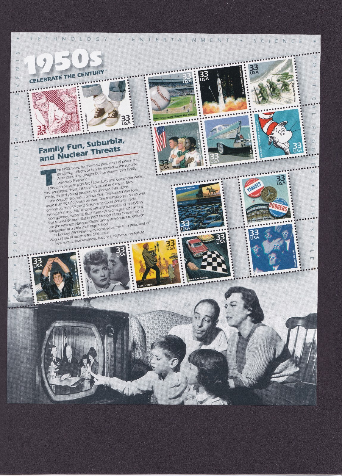 Scott #3187 33¢ 1950s Celebrate the Century Sheet of 15 Stamps - MNH