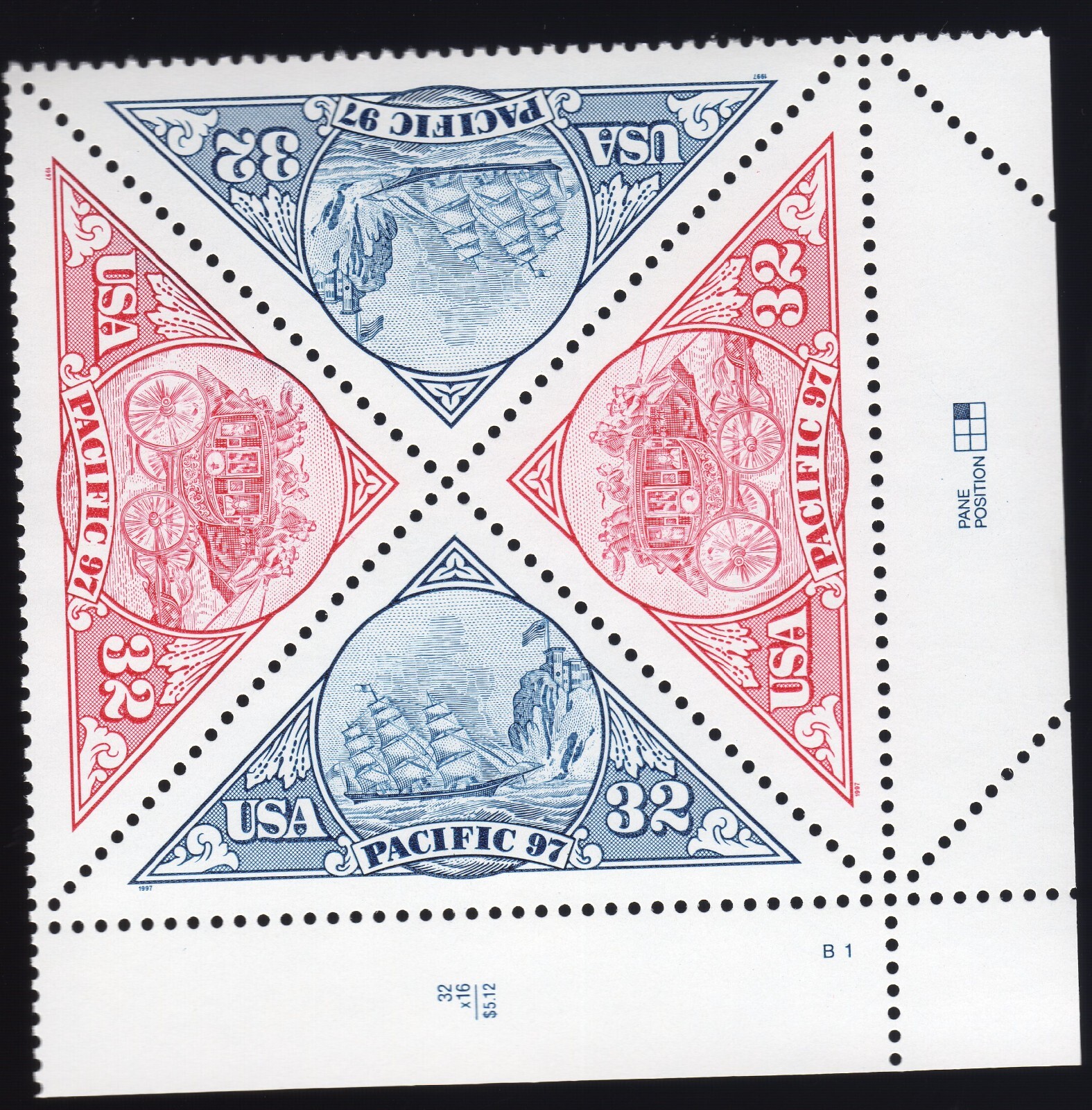 Scott #3131a (3130-31) Pacific 97 Stagecoach Ship Plate Block of 4 Stamps - MNH