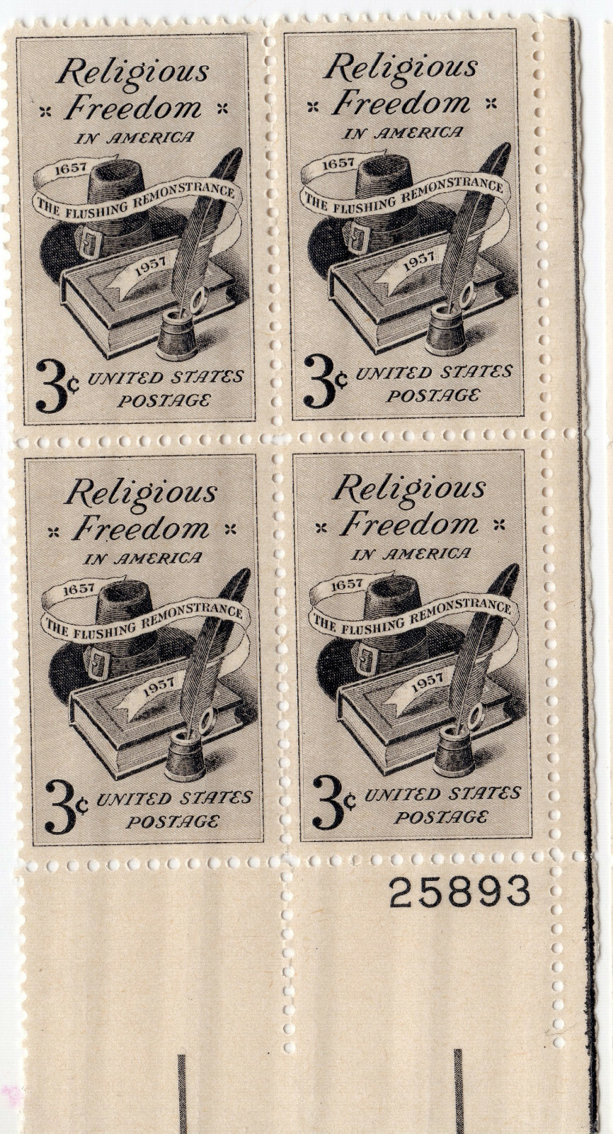 Scott #1099 Religious Freedom (Bill of Rights, 1st Amendment) Plate Block of 4