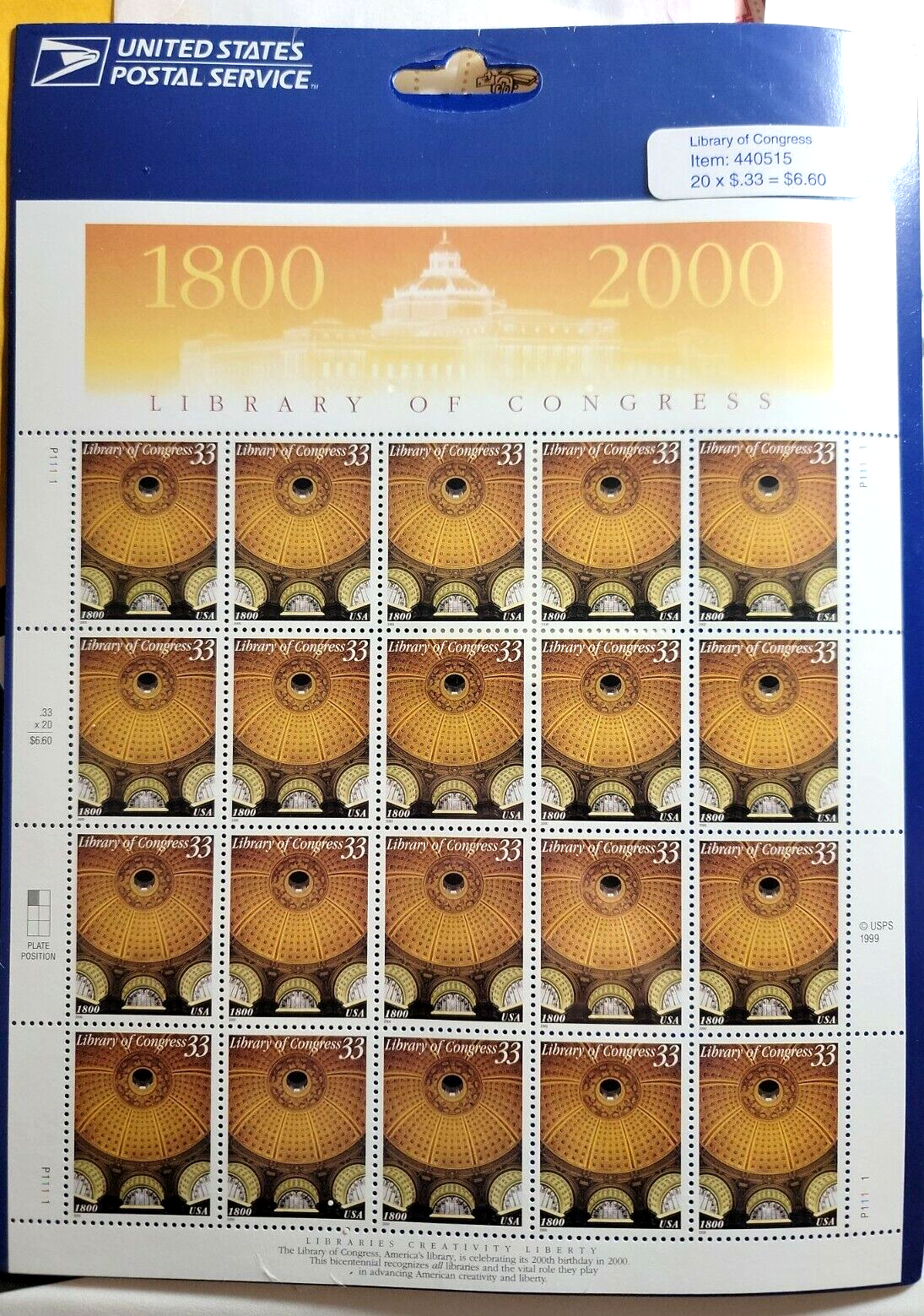 Scott #3390 Library of Congress Sheet of 20 Stamps - Sealed