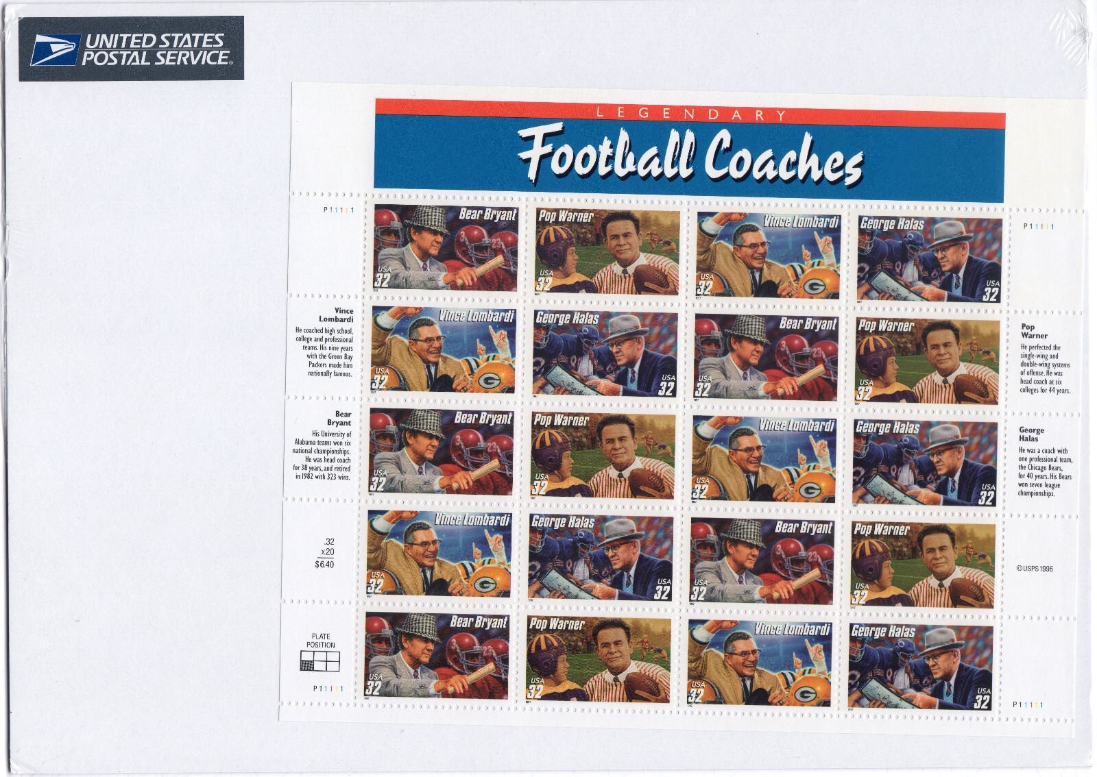 Scott #3146a Football Coaches (Bear Bryant) Sheet of 20 Stamps - Sealed White
