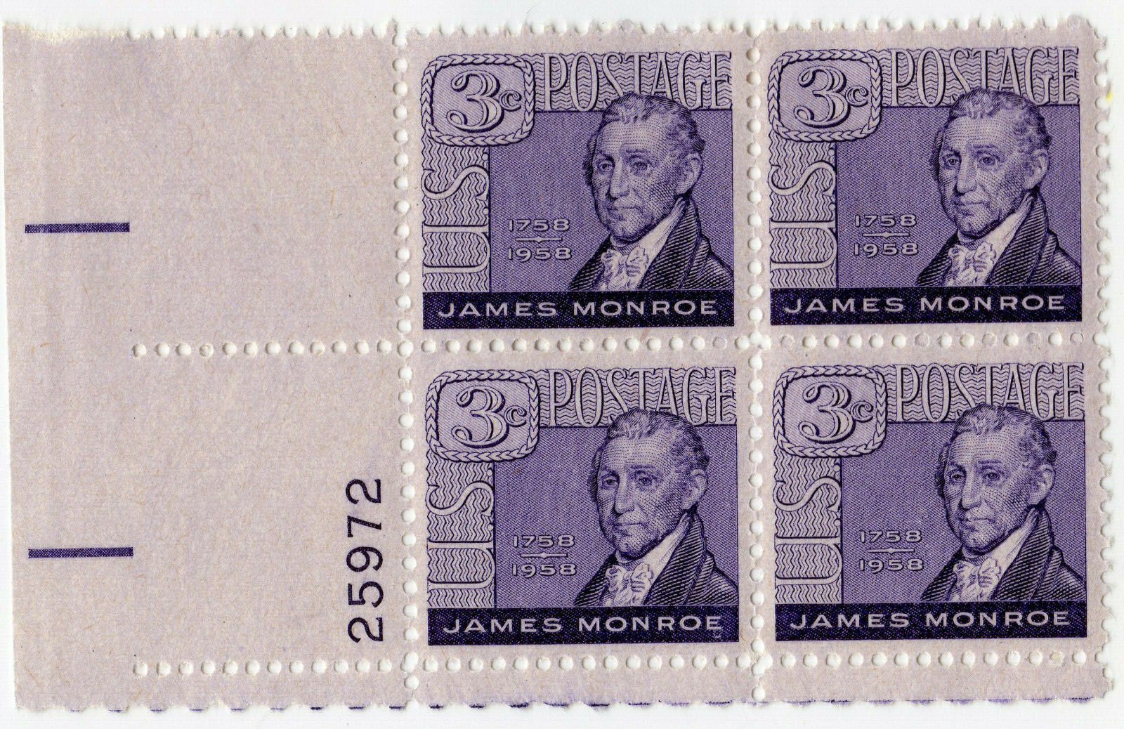 Scott #1105 James Monroe Plate Block of 4 Stamps - MNH #2