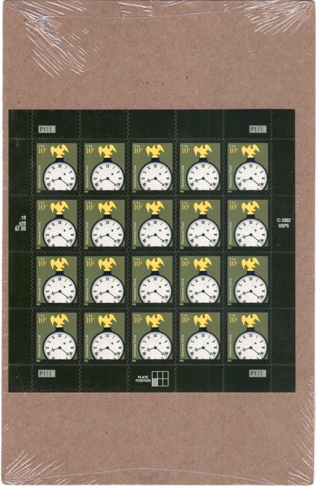 Scott #3757 Classic American Clock Sheet of 20 Stamps - Sealed Brown