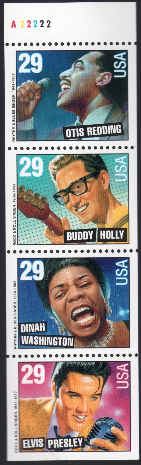 Scott #2737b - Rhythm & Blues Booklet Pane of 4 Stamps with Tab & Plate # - MNH