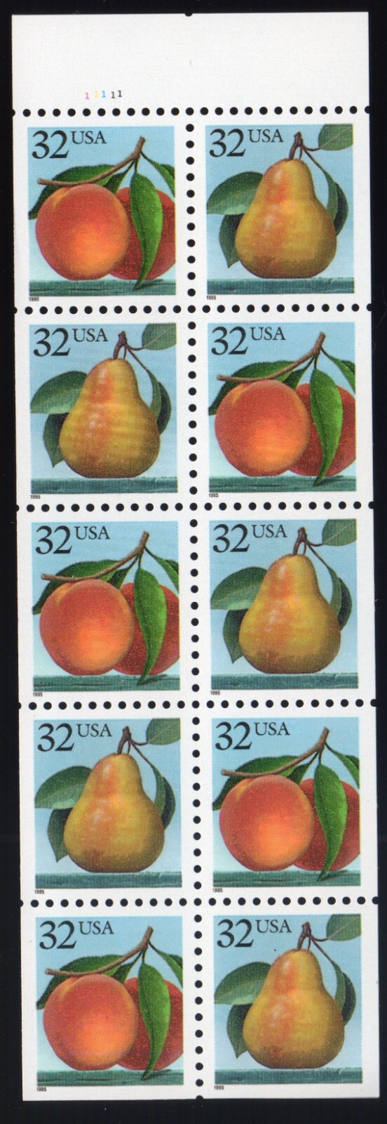 Scott #2488a Peach & Pear Booklet Pane of 10 Stamps w/Tab - MNH No Register
