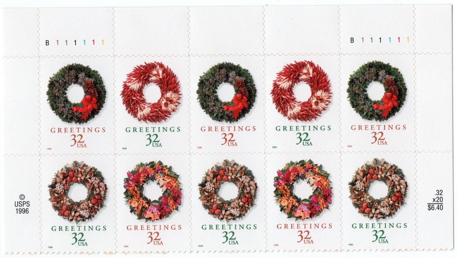 Scott #3252b (3249-52) Christmas Wreaths Plate Block of 10 Stamps - MNH Top