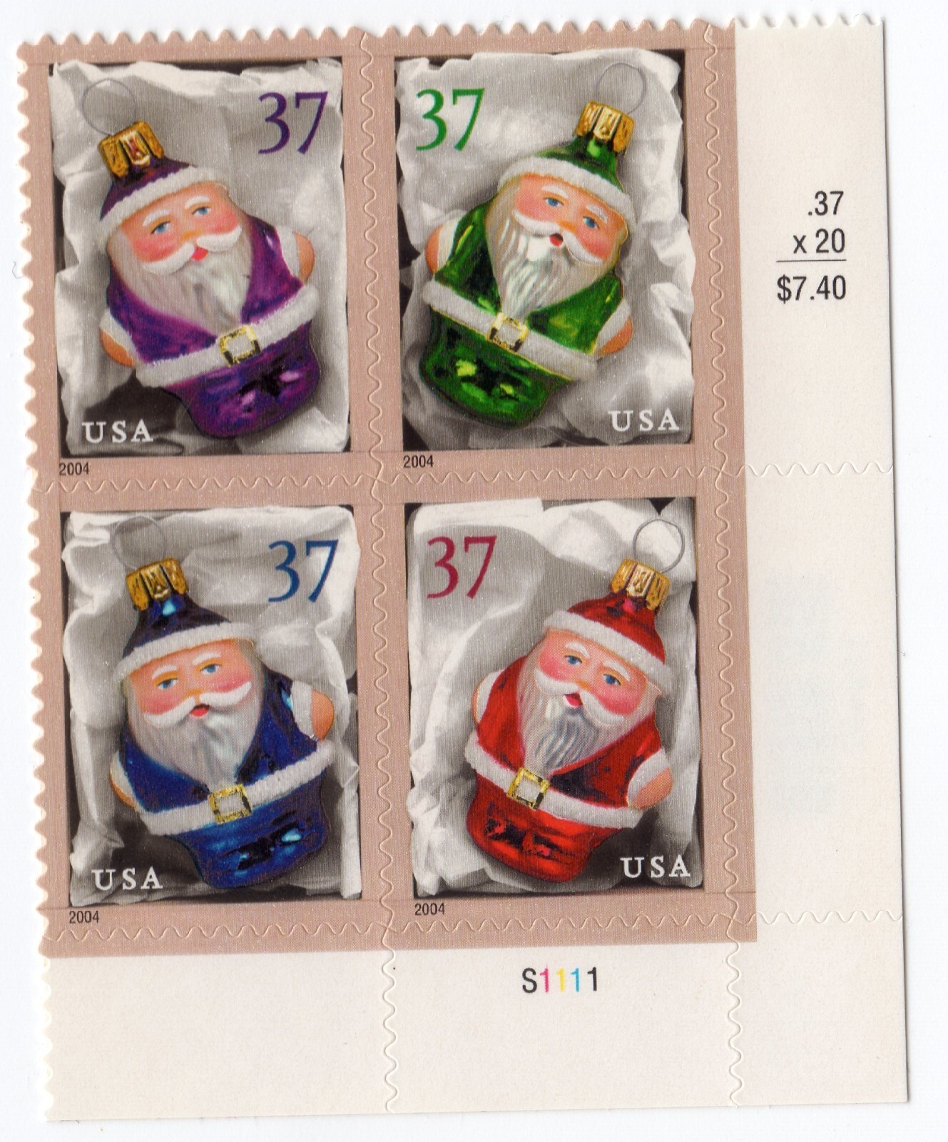 Scott #3886a Santa Ornaments in Wood Box Plate Block of 4 32¢ Stamps - MNH (LR)