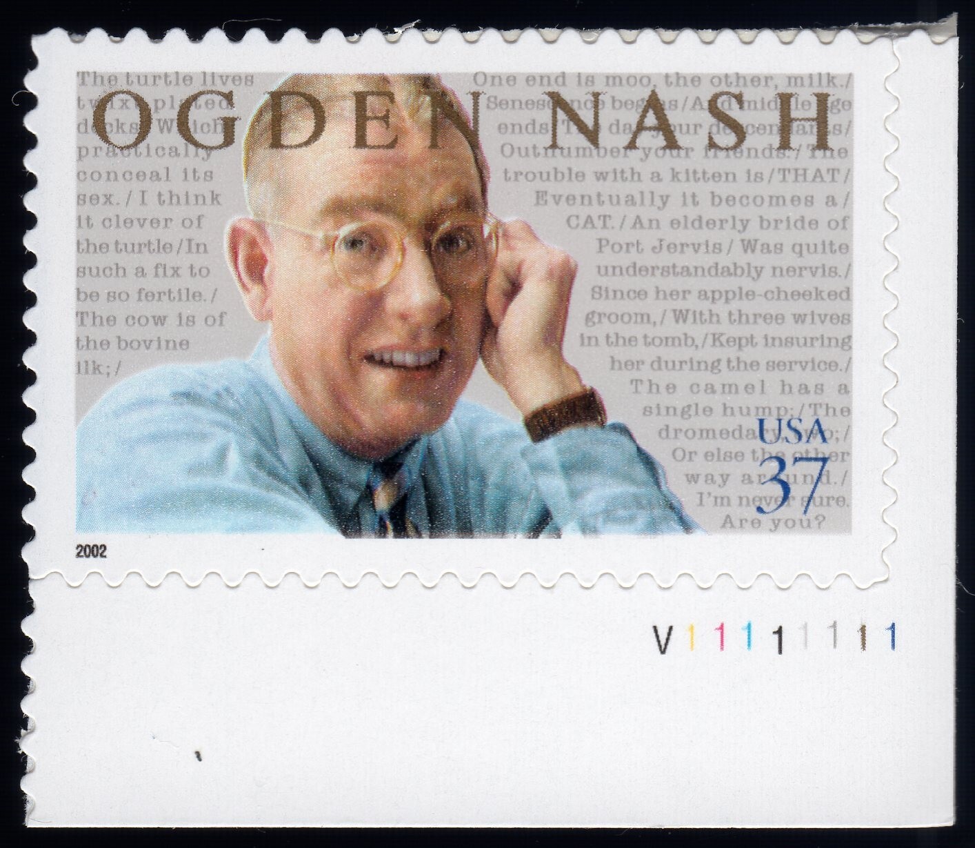 Scott #3659 Ogden Nash (Baltimore, Poetry) Plate # Single 37¢ Stamp - MNH