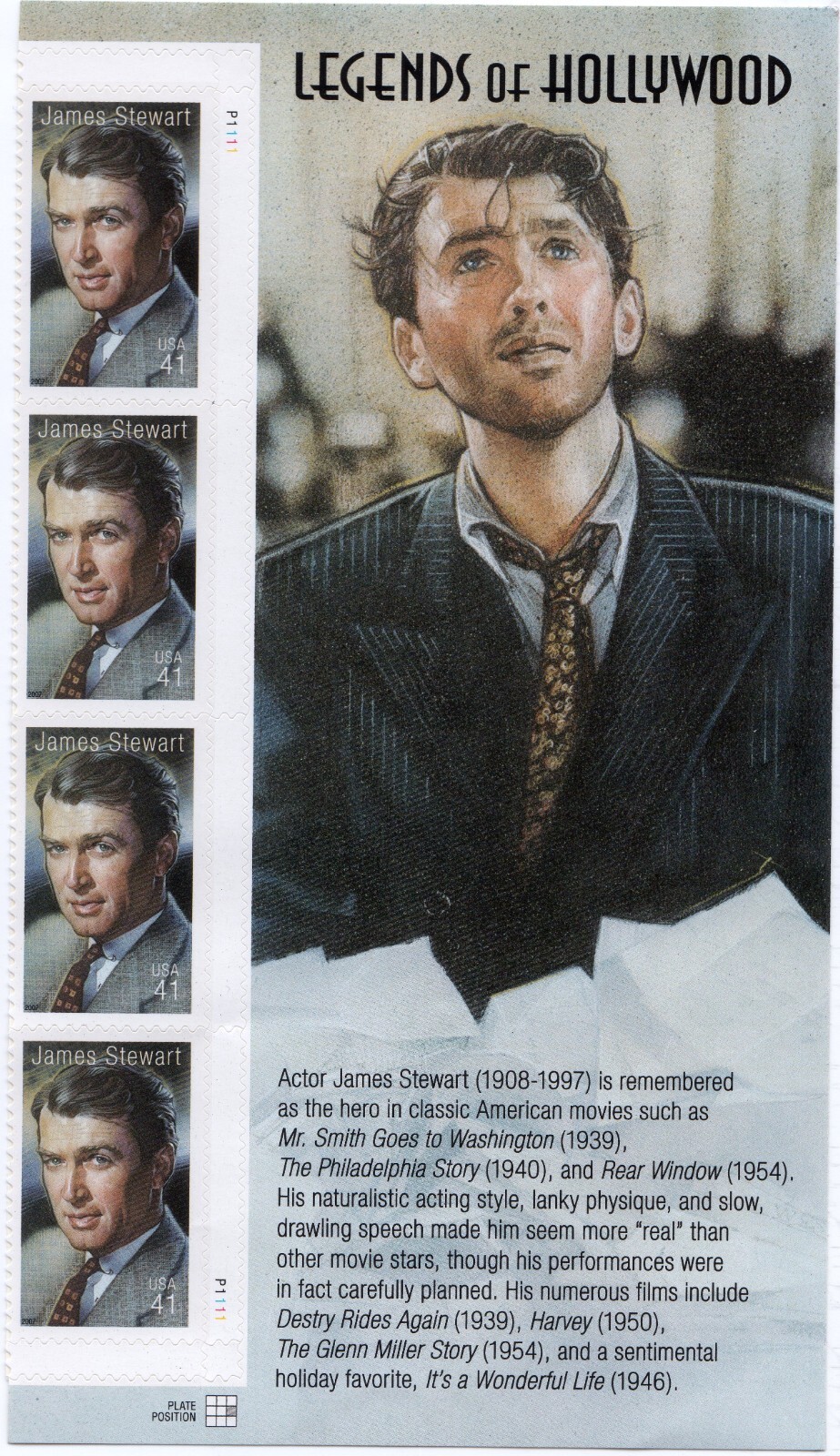 Scott #4197 Jimmy Stewart (It's a Wonderful Life) Title Block of 4 Stamps - MNH