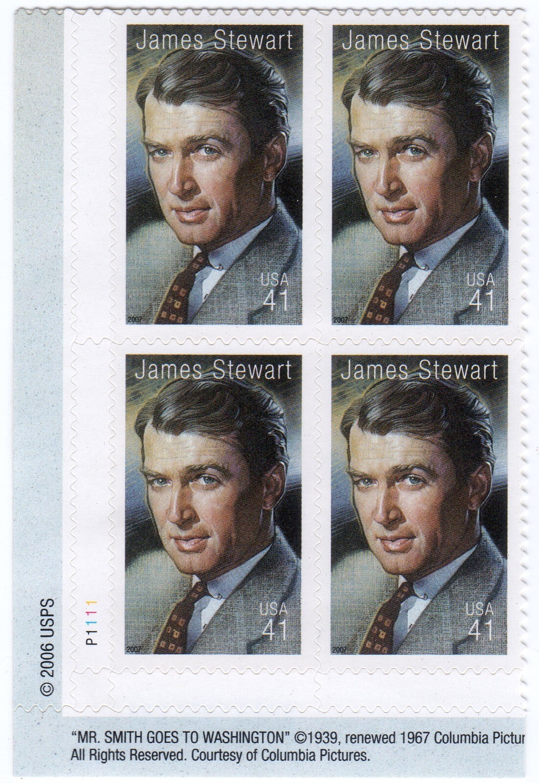 Scott #4197 James (Jimmy) Stewart Legends of Hollywood Plate Block 4 Stamps -MNH