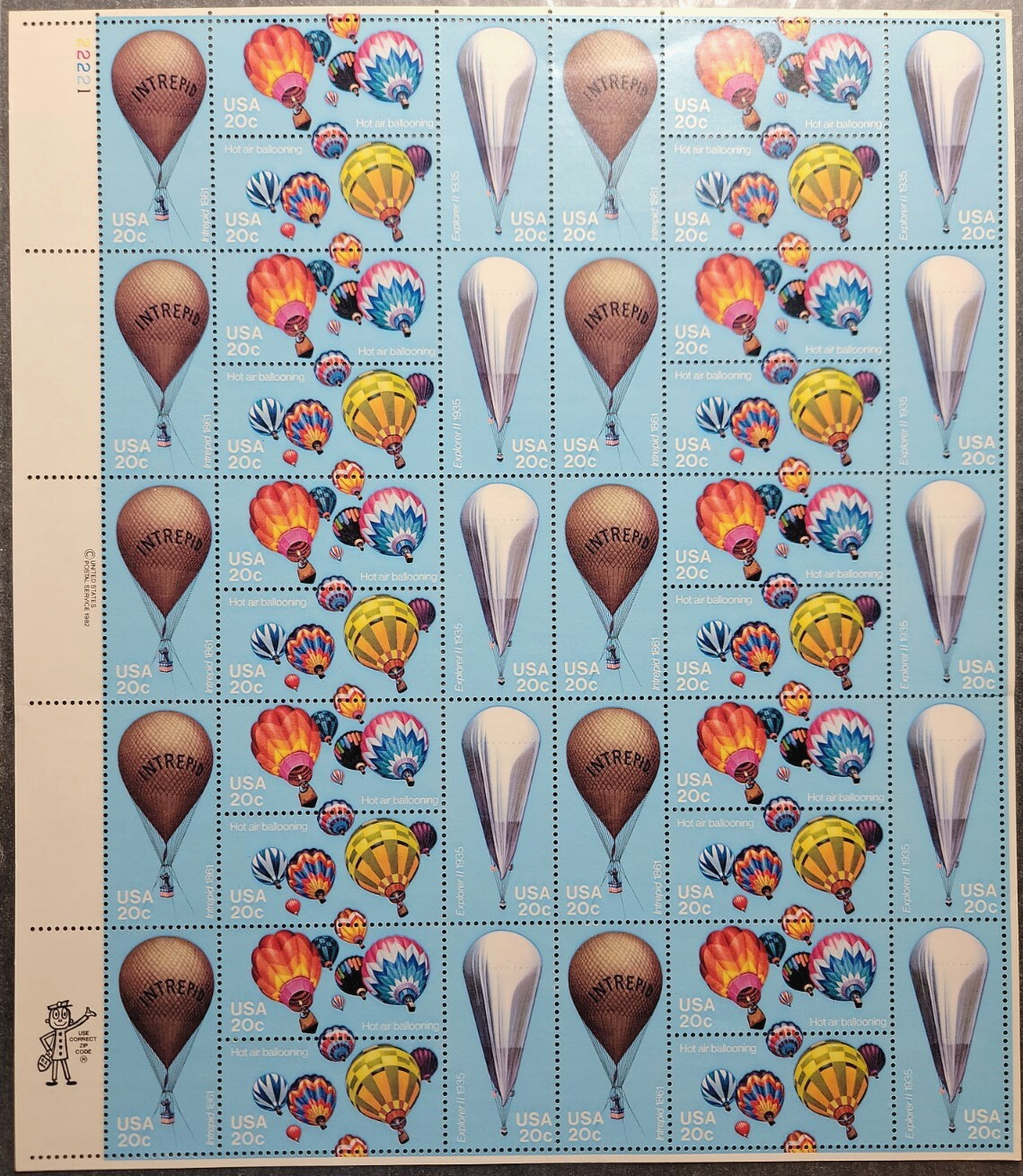Scott #2035a (2032-2035) Hot Air Balloons Full Sheet of 40 Stamps - MNH P#22221