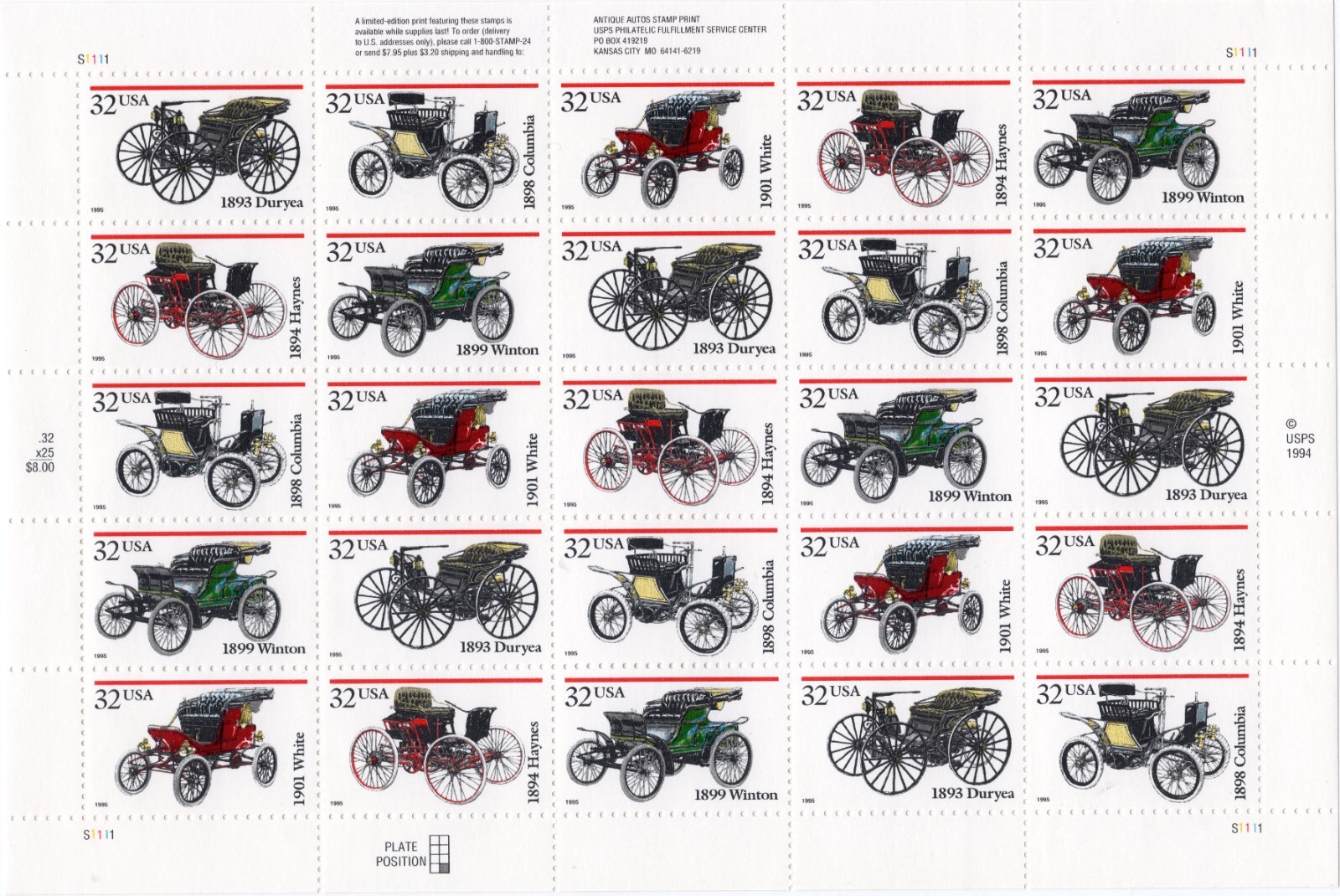 Scott #3023a (3019-23) Antique Automobiles Full Sheet of 25 Stamps - MNH