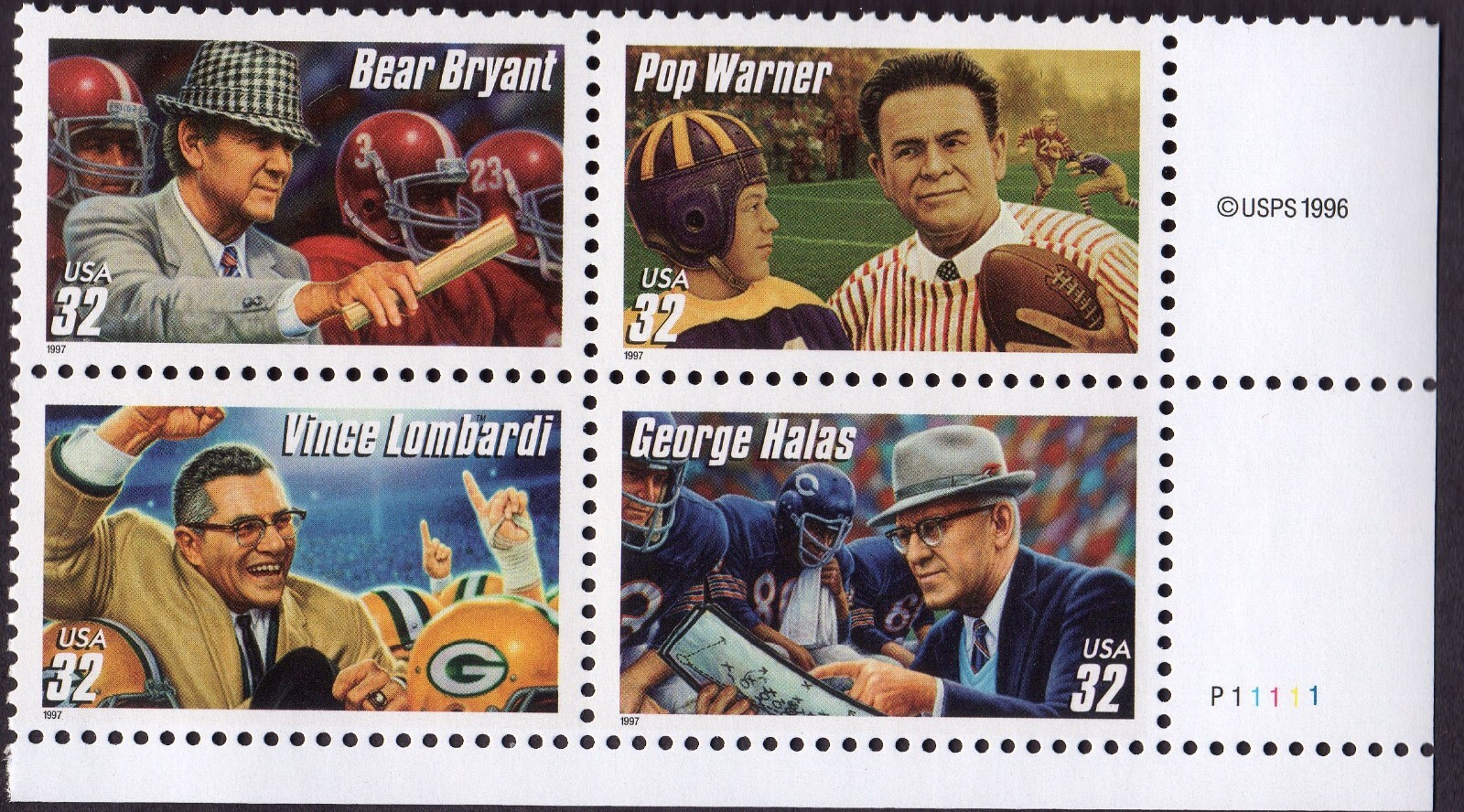 Scott #3146a (3143-46) Football Coaches Plate Block of 4 Stamps - MNH