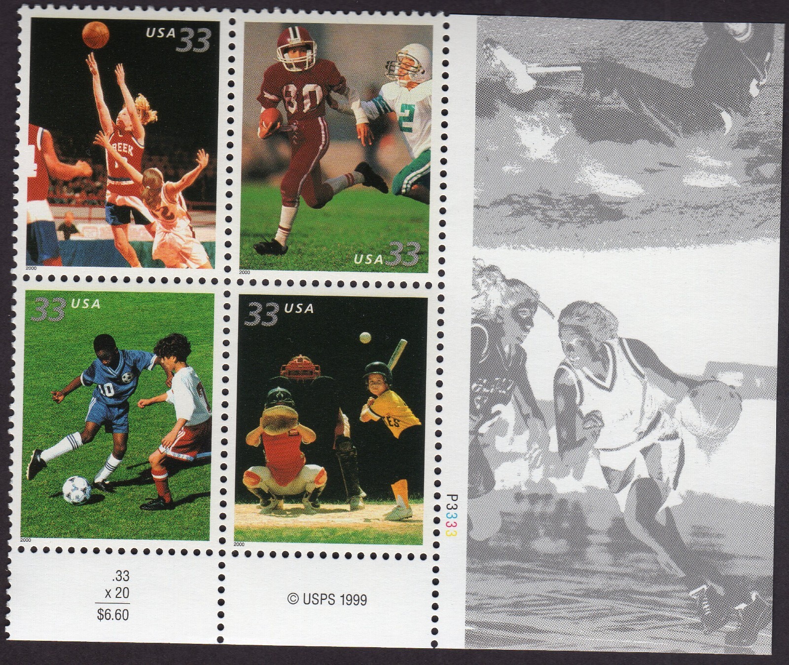 Scott #3402a (3399-3402) Youth Sports Plate Block of 4 Stamps - MNH (LR)