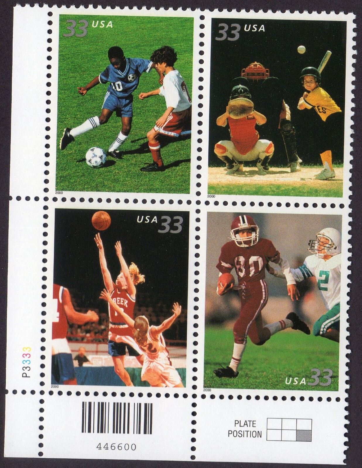 Scott #3402a (3399-3402) Youth Sports Plate Block of 4 Stamps - MNH (LL)