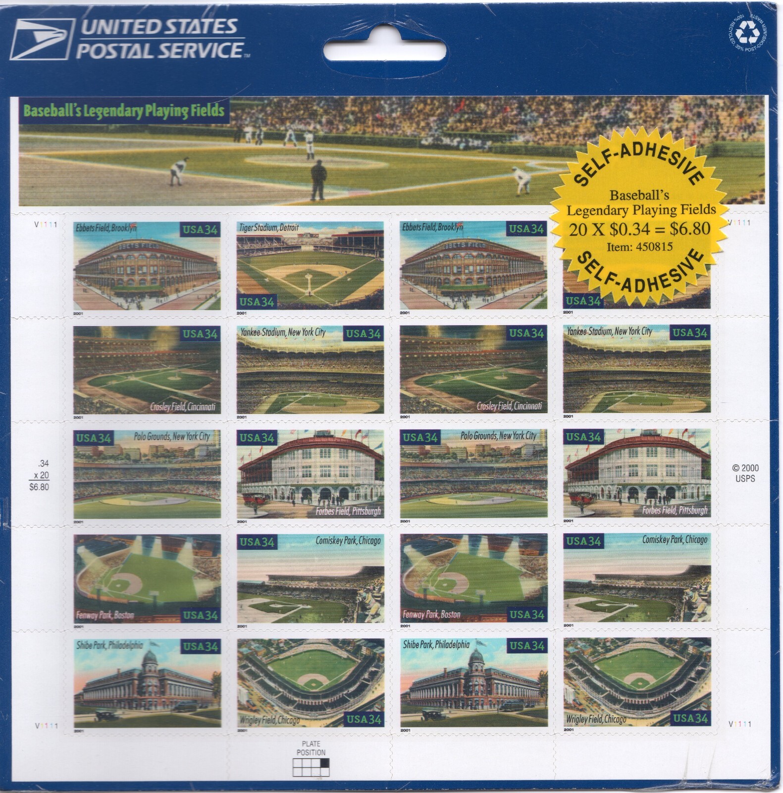 Scott #3519a (3510) Legendary Baseball Fields Sheet of 20 Stamps - Sealed Blue
