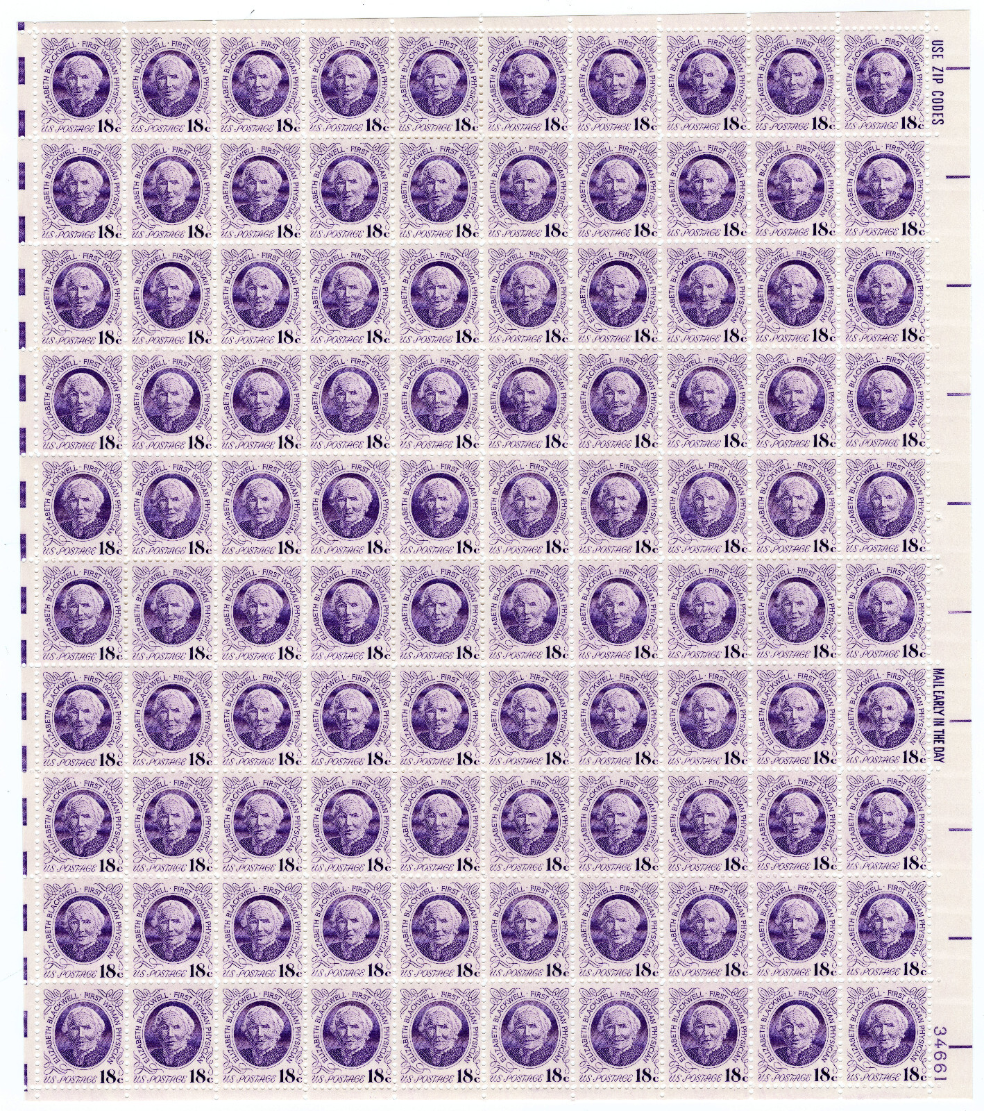 US #1399, 18¢ Elizabeth Blackwell (Medical Physician) Sheet of 100 Stamps - MNH