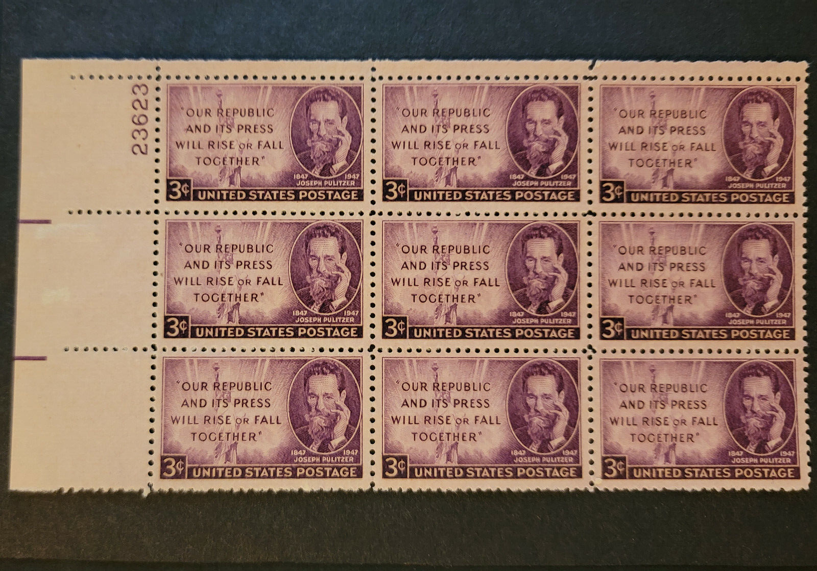 Scott #946 Joseph Pulitzer Plate Block of 9 Stamps - MNH