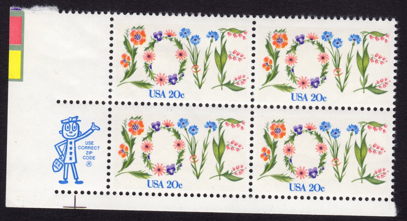 Scott #1951 Love Flowers Zip Block of 4 Stamps - MNH