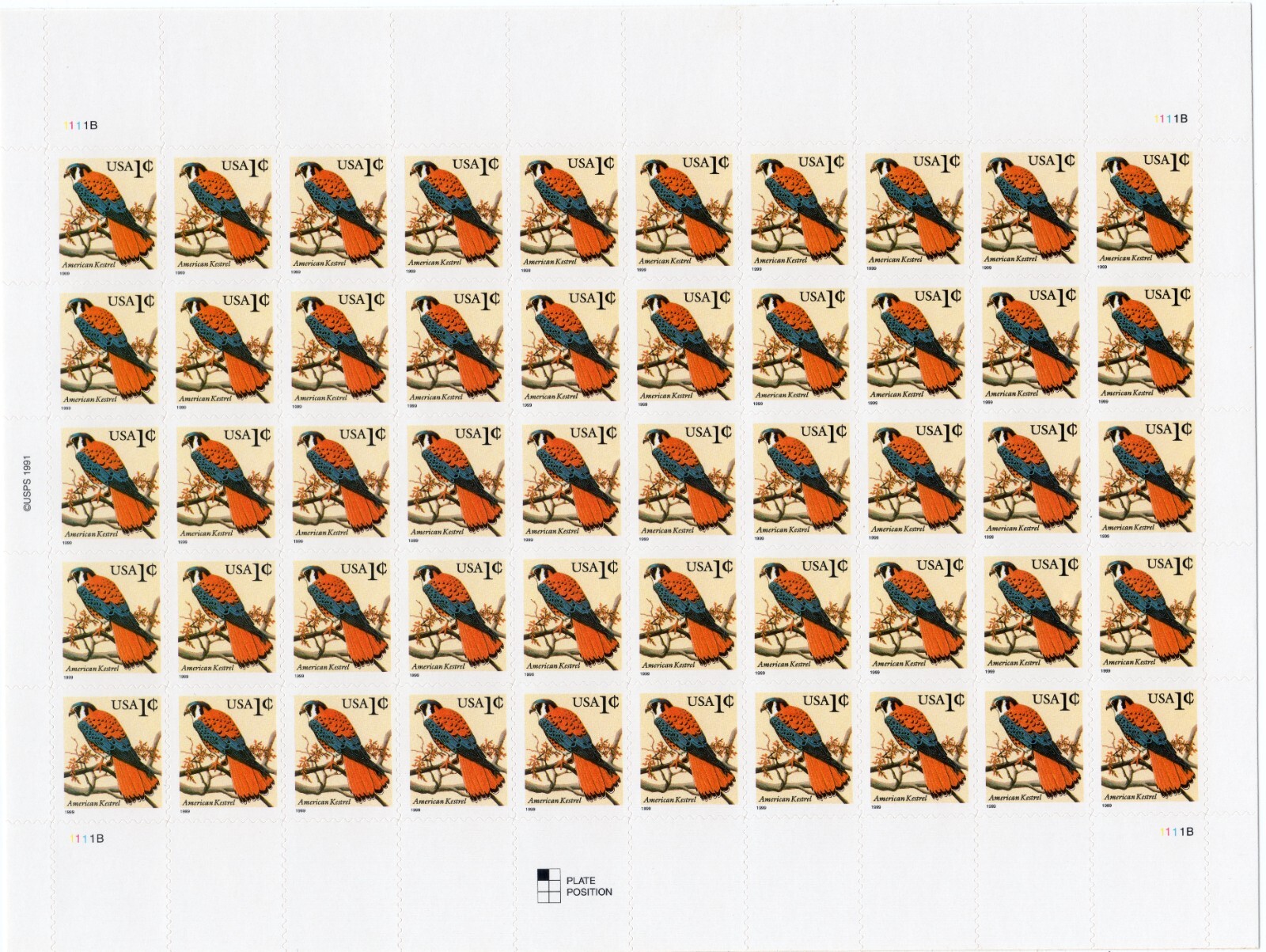 Scott #3031 1999 American Kestrel (Black Date) Sheet of 50 Stamps - MNH P#xxxA