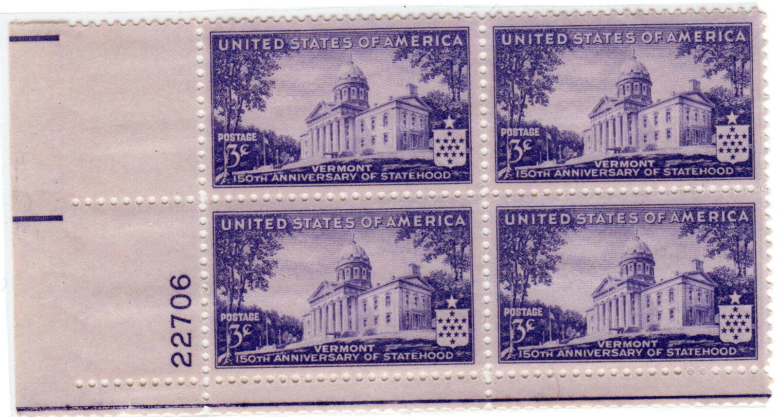 Scott #903 Montpelier Vermont Plate Block Of 4 Stamps - MNH P#22706