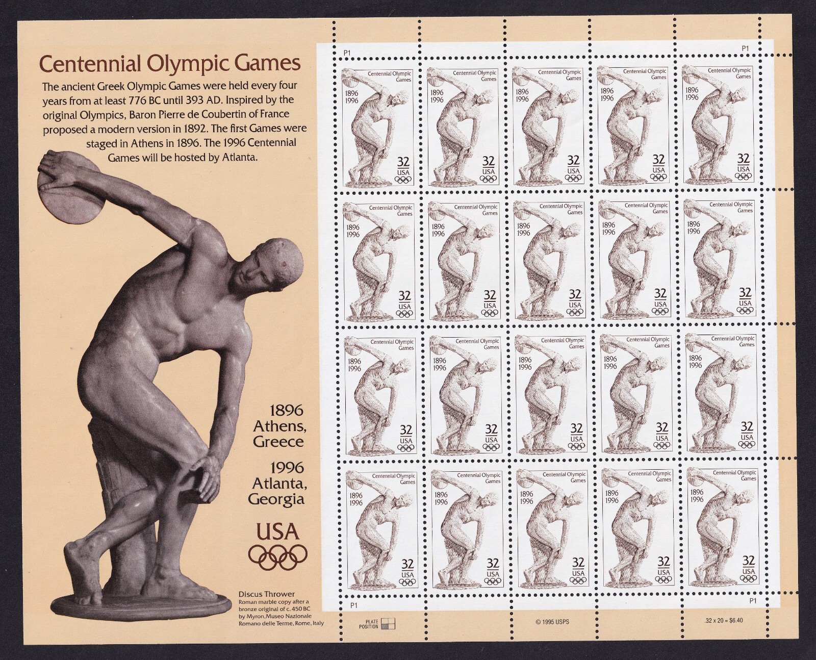 Scott #3087 32¢ Centennial - OLYMPIC DISCUS THROWER - Sheet of 20 Stamps - MNH
