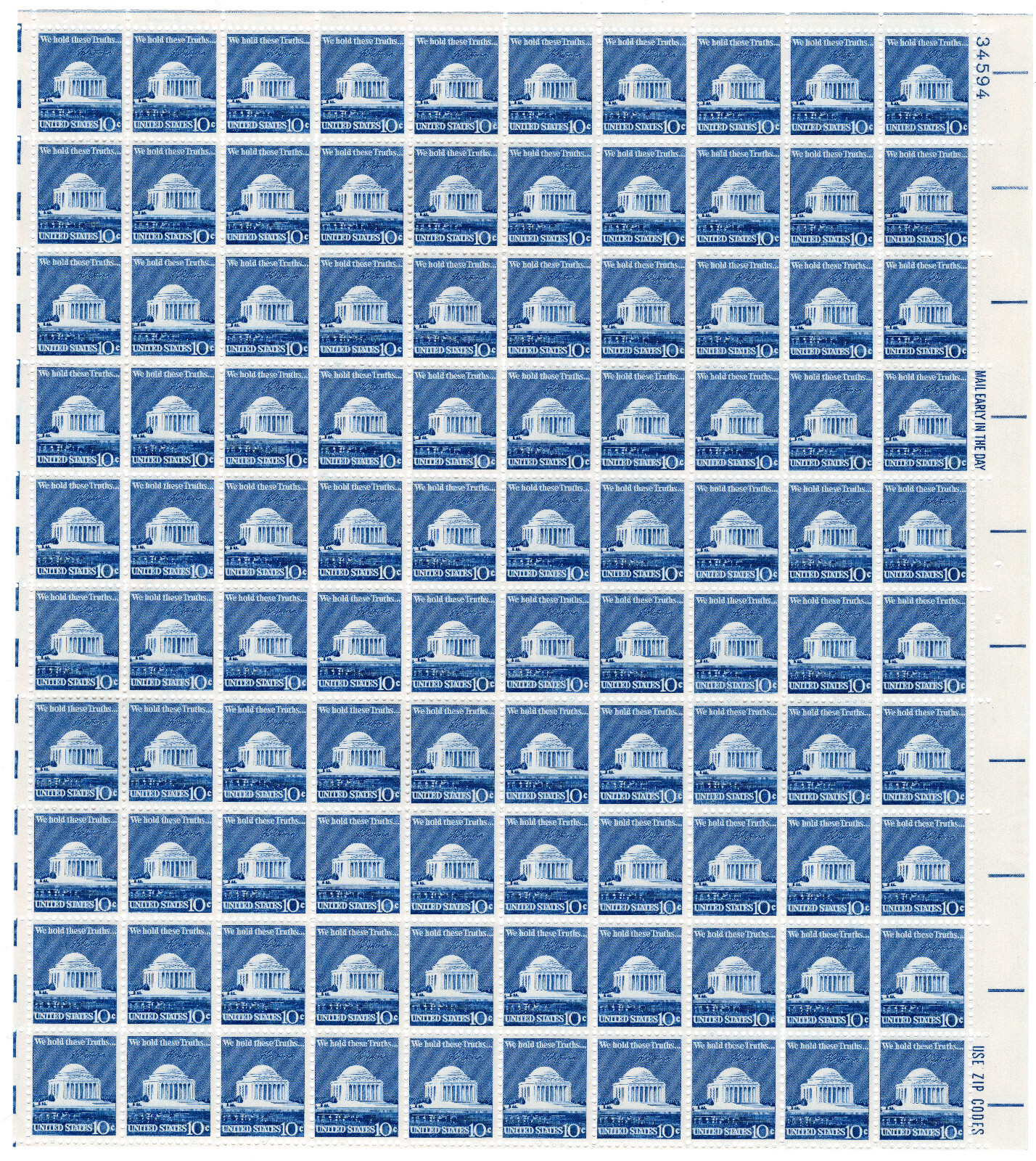 Scott #1510 Jefferson Memorial Sheet of 100 Stamps - MNH
