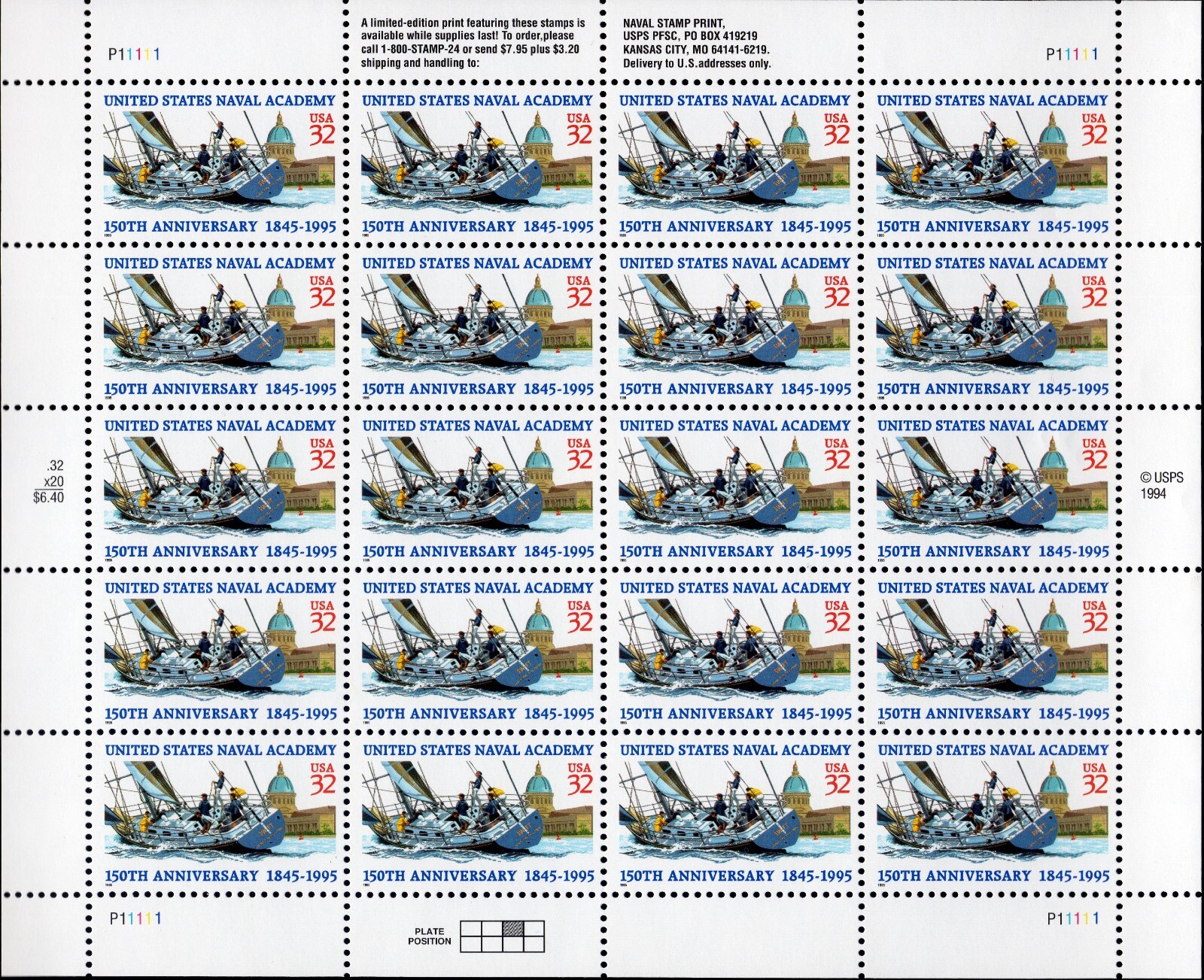 Scott #3001 Naval Academy Sheet of 20 Stamps - MNH P#11111