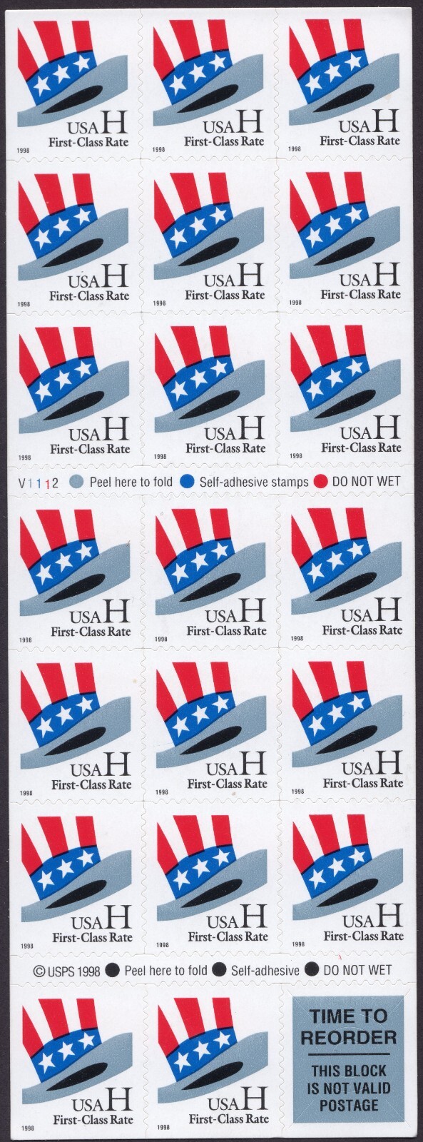 Scott #3268c Hat H Stamp Booklet Pane of 20 Stamps - MNH P#V1112