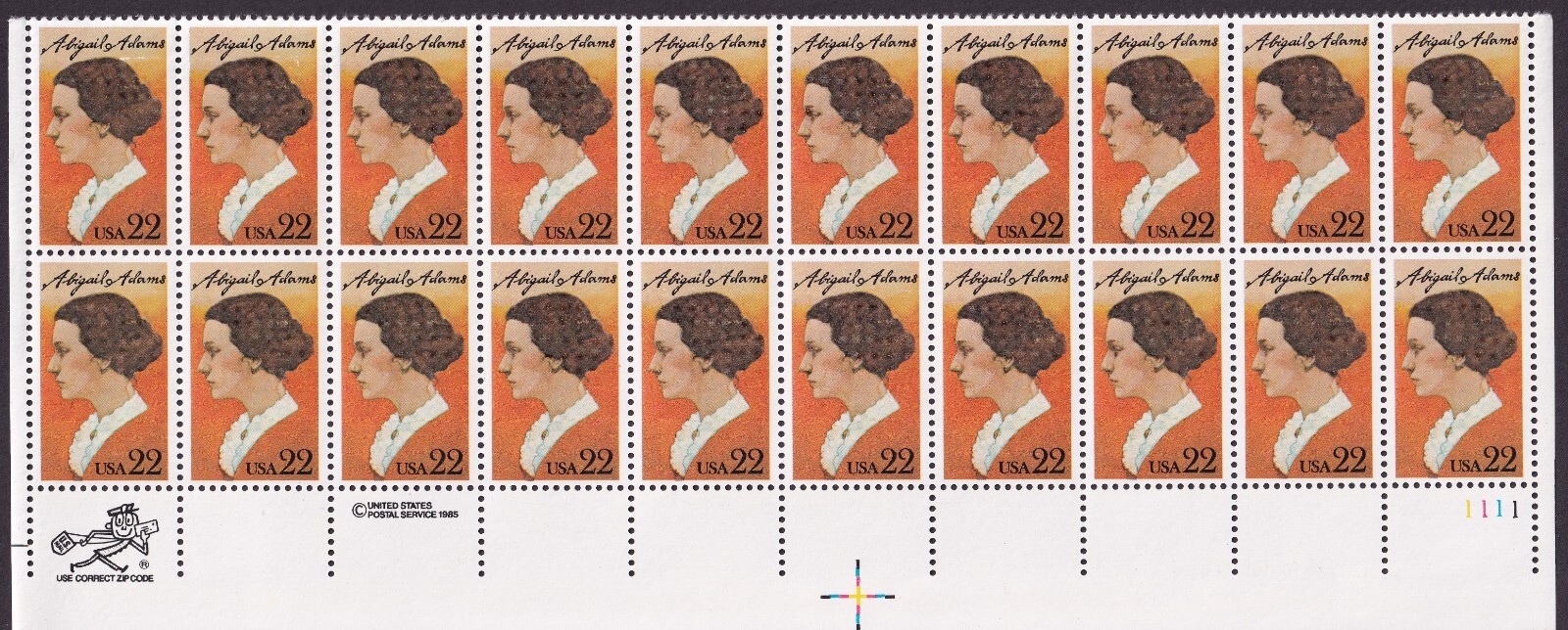 Scott #2146 Abigail Adams (Love Letters) Plate Block of 20 Stamps - MNH PC#6