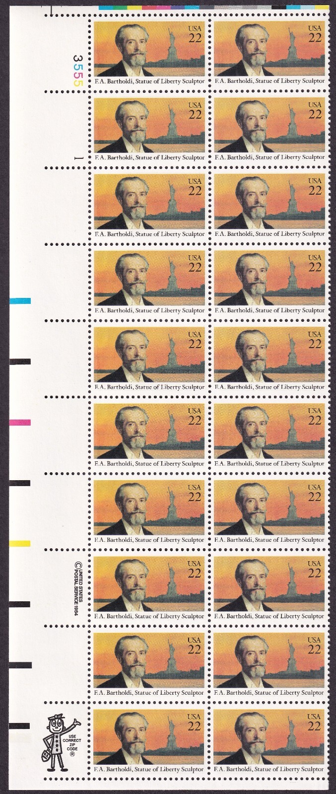 Scott #2147 Bartholdi Statue of Liberty Sculptor Plate Block of 20 Stamps - MNH