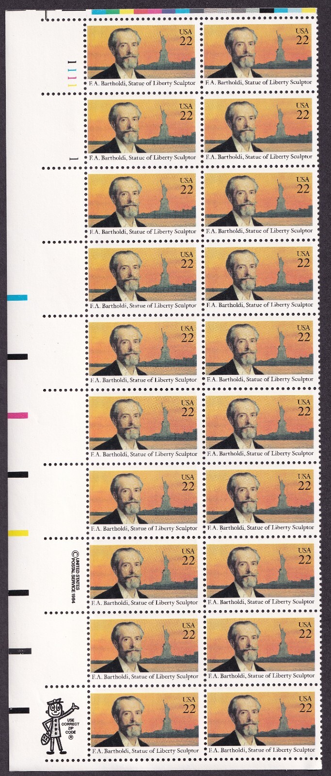 Scott #2147 Bartholdi Statue of Liberty Plate Block of 20 Stamps - MNH PC#7