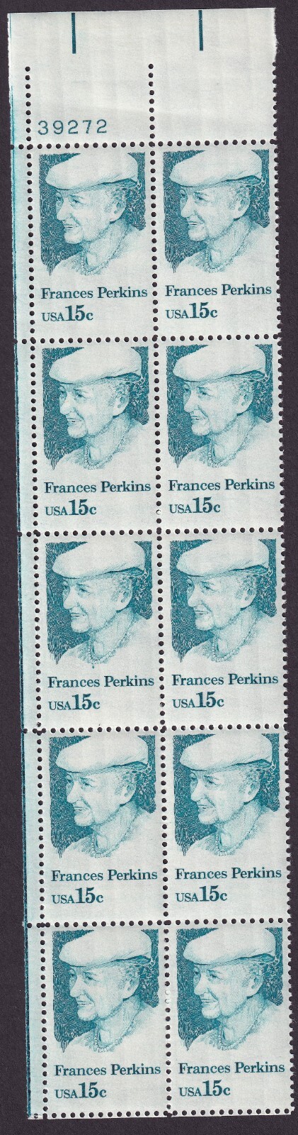 Scott #1821 Frances Perkins Plate Block of 10 Stamps - MNH